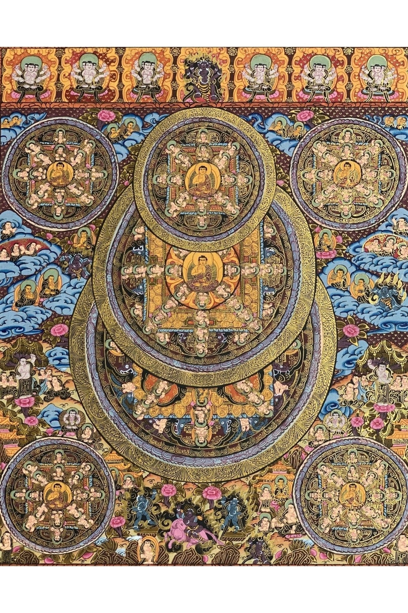 Pancha (Five) Buddha/ Big Circle Mandala Tibetan Thangka Painting, Original Sacred Meditation Art - Tibetan Thangka Art