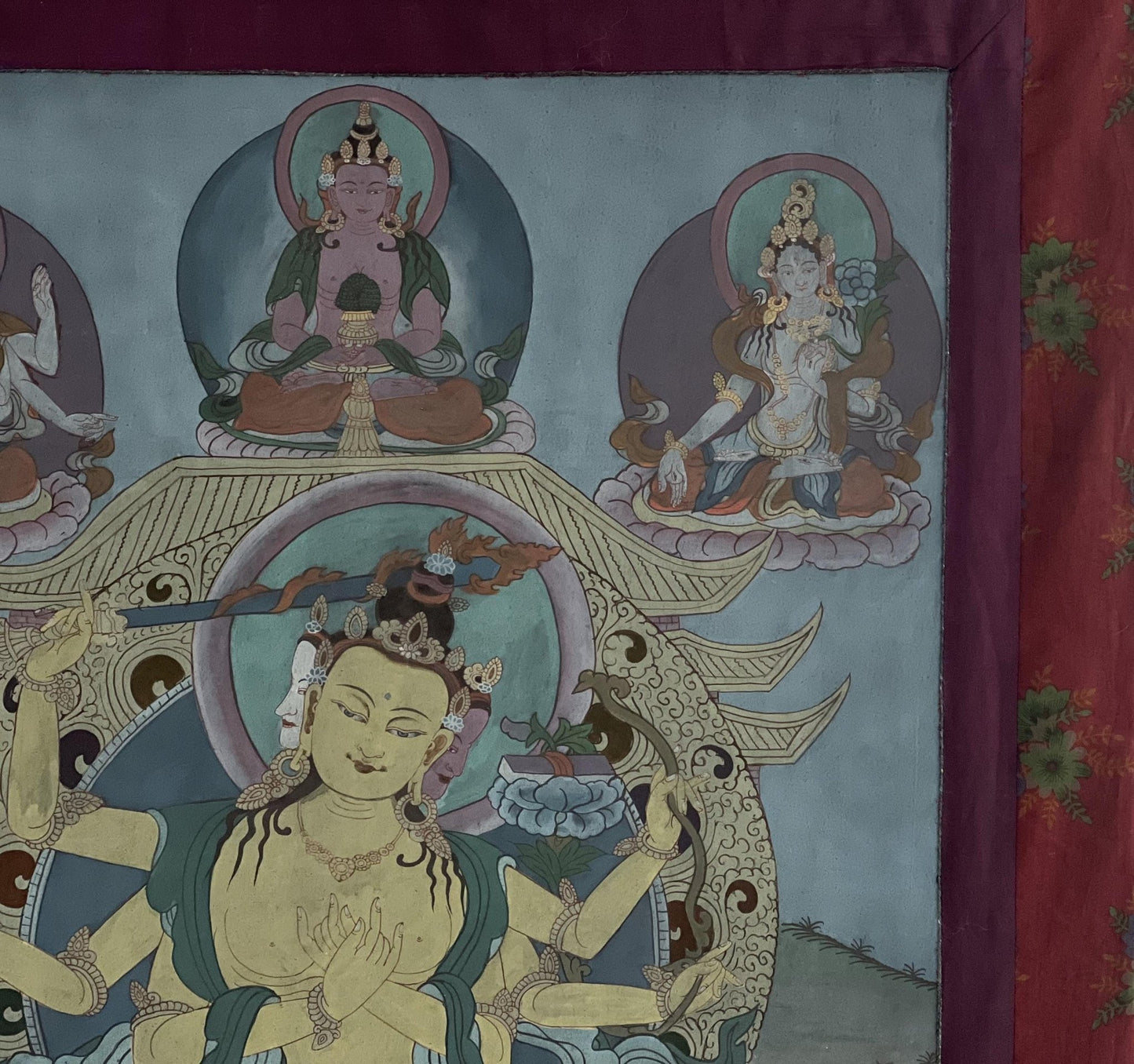 Pancha ( Five) Manjushri | Vintage Tibetan Thangka Painting | Framed with Traditional Narrow Cotton Brocade | Hand - Painted in Nepal - Tibetan Thangka Art