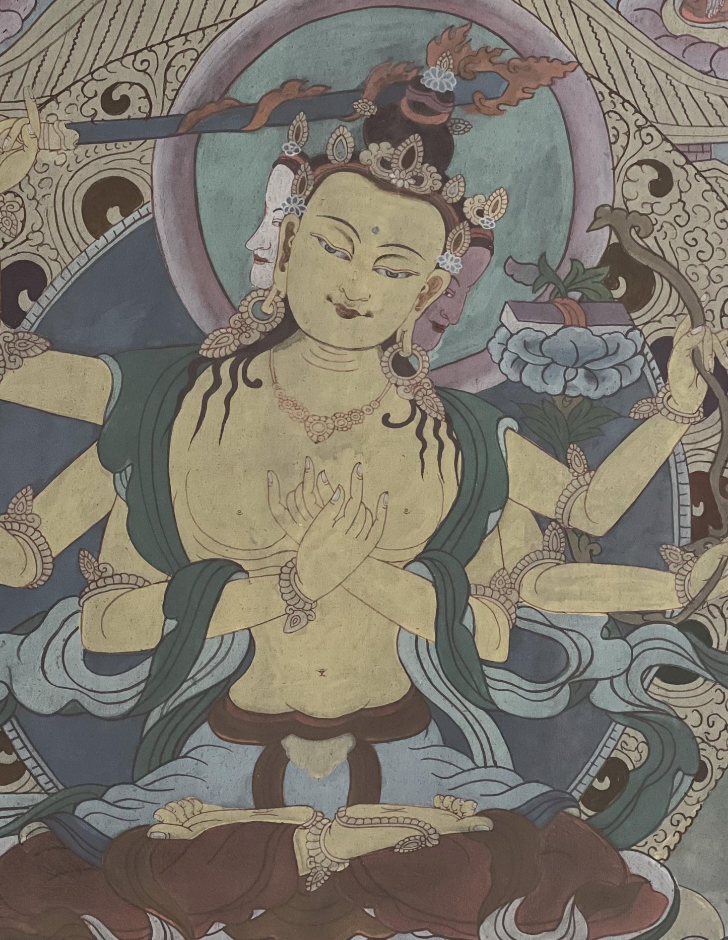 Pancha ( Five) Manjushri | Vintage Tibetan Thangka Painting | Framed with Traditional Narrow Cotton Brocade | Hand - Painted in Nepal - Tibetan Thangka Art