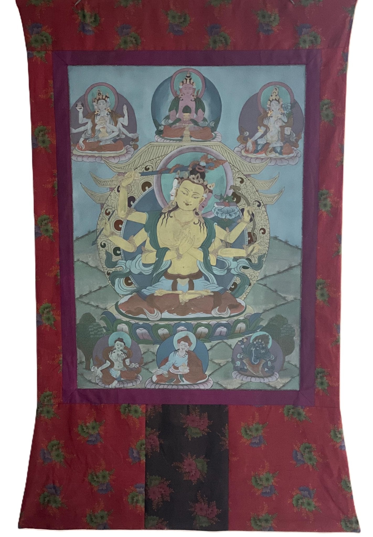 Pancha ( Five) Manjushri | Vintage Tibetan Thangka Painting | Framed with Traditional Narrow Cotton Brocade | Hand - Painted in Nepal - Tibetan Thangka Art