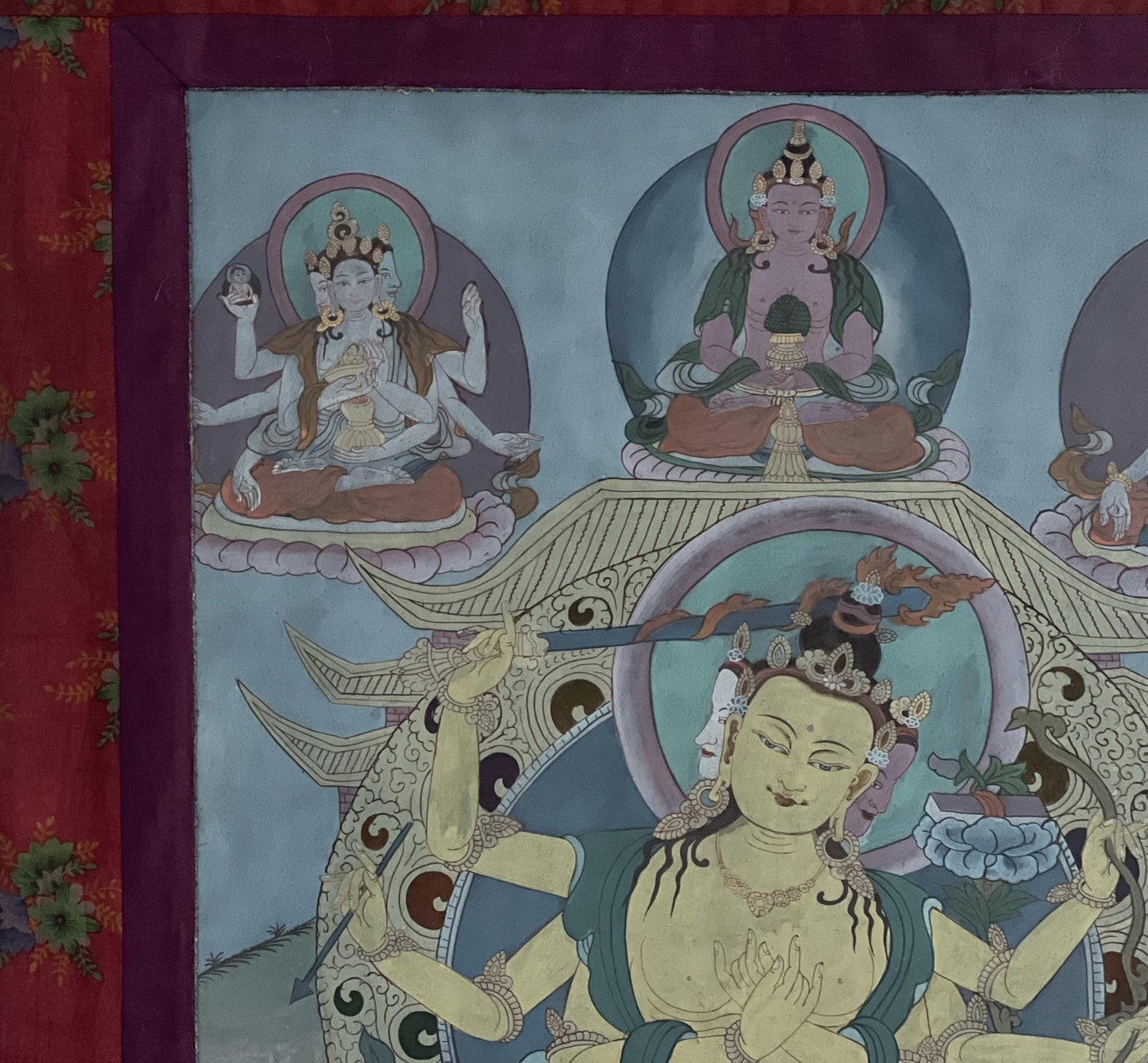 Pancha ( Five) Manjushri | Vintage Tibetan Thangka Painting | Framed with Traditional Narrow Cotton Brocade | Hand - Painted in Nepal - Tibetan Thangka Art