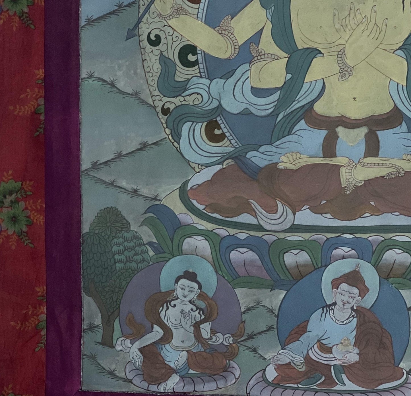 Pancha ( Five) Manjushri | Vintage Tibetan Thangka Painting | Framed with Traditional Narrow Cotton Brocade | Hand - Painted in Nepal - Tibetan Thangka Art