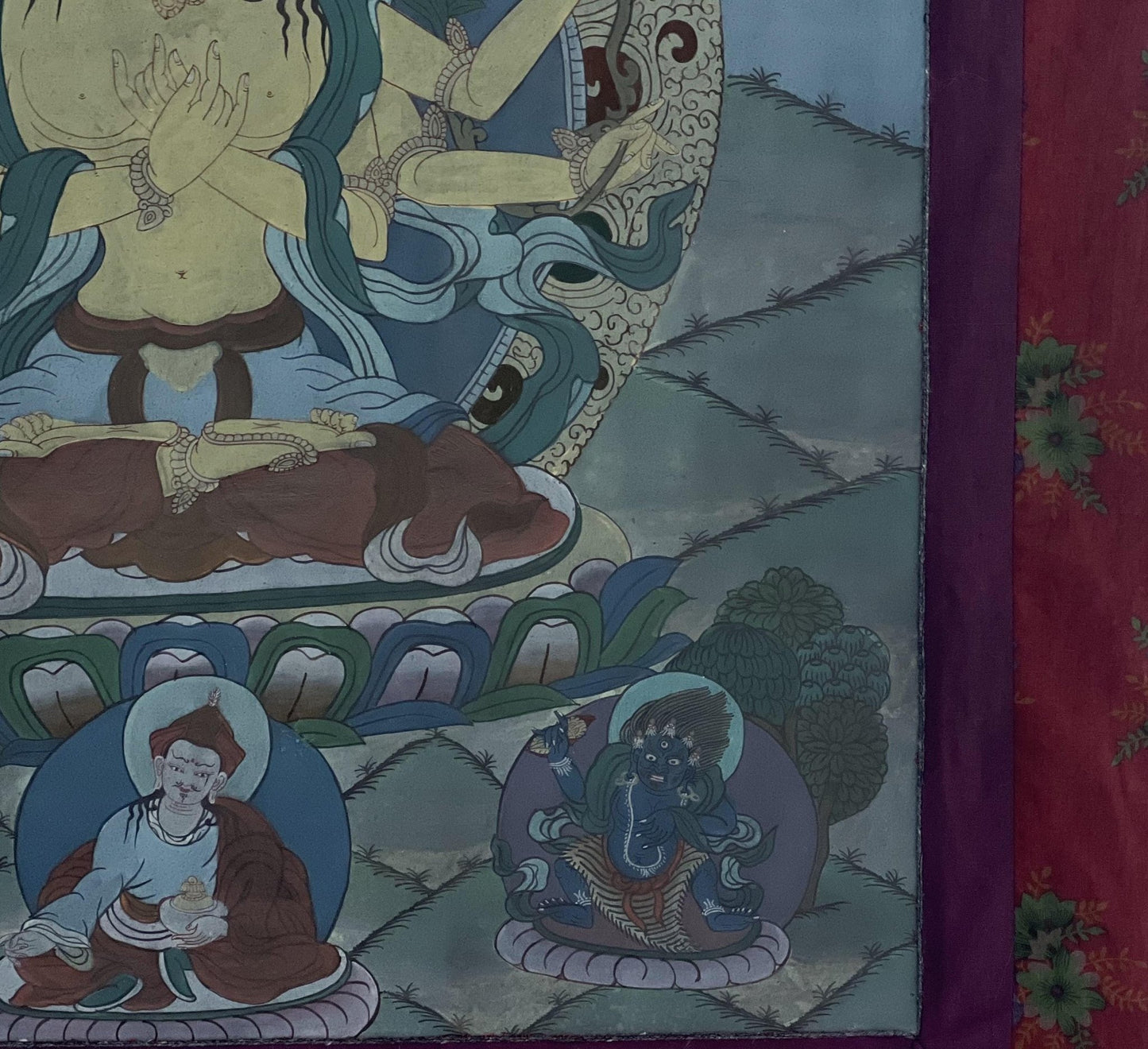 Pancha ( Five) Manjushri | Vintage Tibetan Thangka Painting | Framed with Traditional Narrow Cotton Brocade | Hand - Painted in Nepal - Tibetan Thangka Art