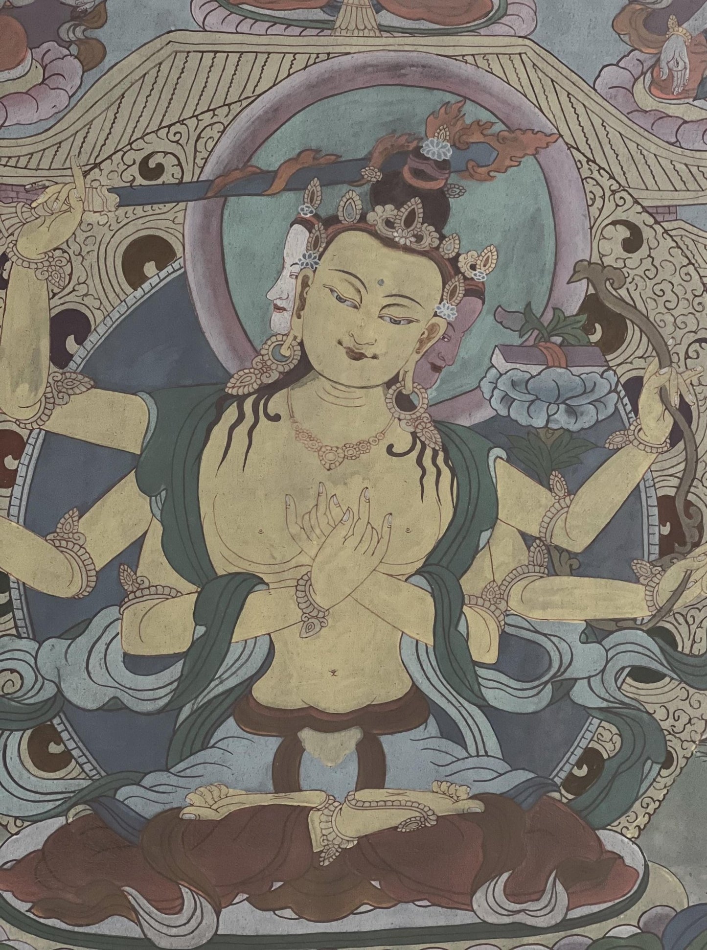 Pancha ( Five) Manjushri | Vintage Tibetan Thangka Painting | Framed with Traditional Narrow Cotton Brocade | Hand - Painted in Nepal - Tibetan Thangka Art