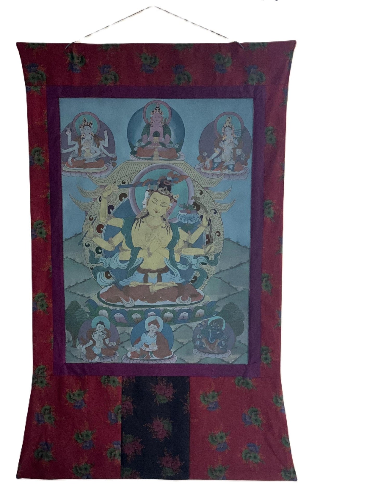 Pancha ( Five) Manjushri | Vintage Tibetan Thangka Painting | Framed with Traditional Narrow Cotton Brocade | Hand - Painted in Nepal - Tibetan Thangka Art