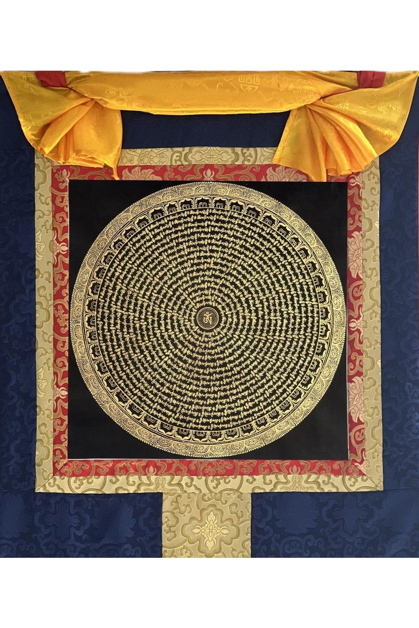 Sacred Mantra Om Mani Padme Hum Mandala Tibetan Thangka Painting Original Meditation Art/Wall Hanging with Silk Brocade - Tibetan Thangka Art