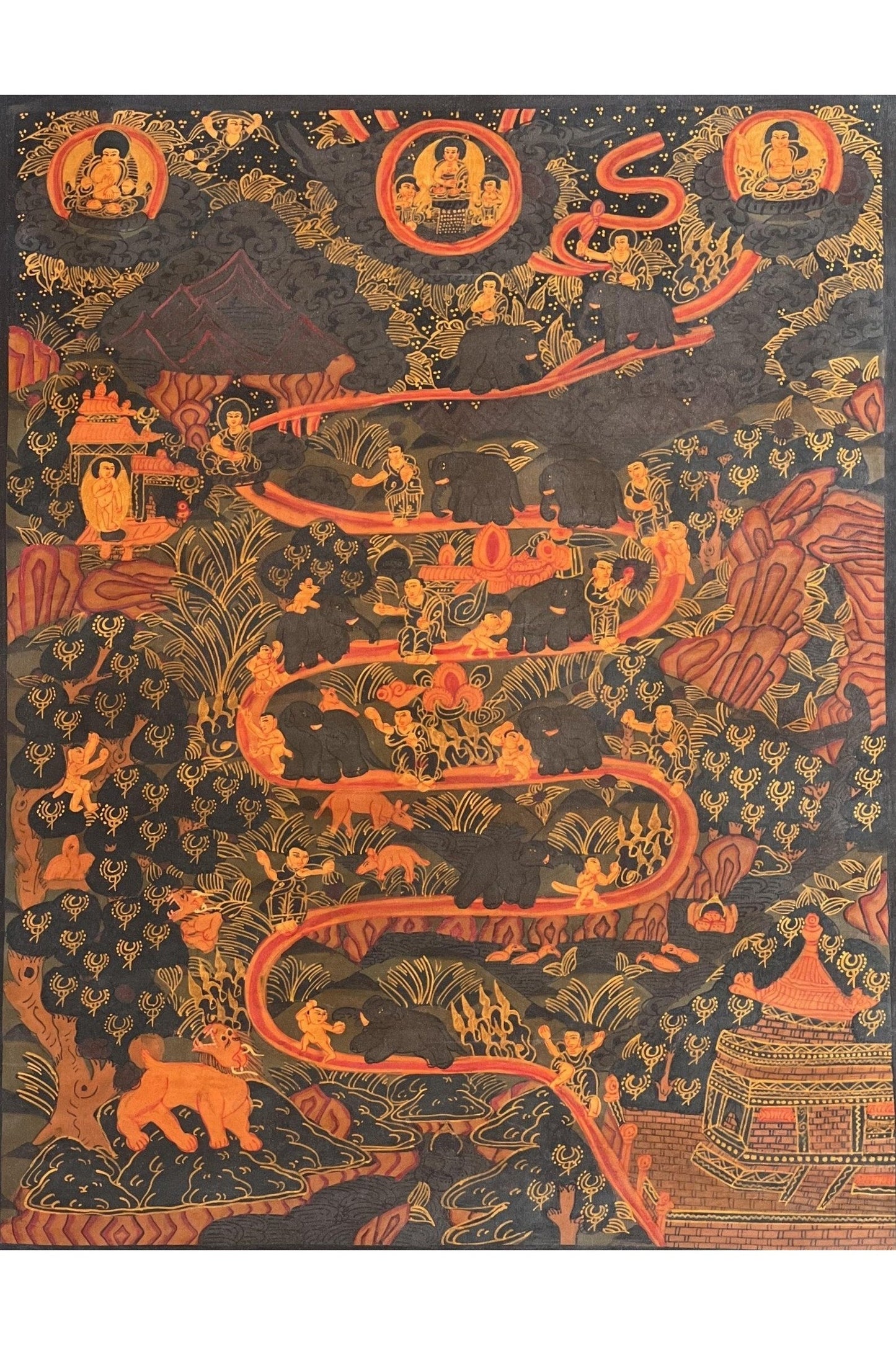 Samatha Meditation/ Elephant Path/ Way to Heaven Oil Varnished Tibetan Thangka / Original Hand Painting/ Meditation Art/ Wall Hanging - Tibetan Thangka Art
