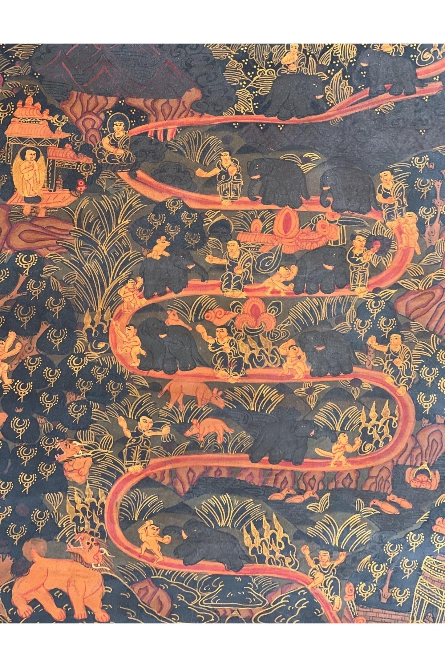 Samatha Meditation/ Elephant Path/ Way to Heaven Oil Varnished Tibetan Thangka / Original Hand Painting/ Meditation Art/ Wall Hanging - Tibetan Thangka Art