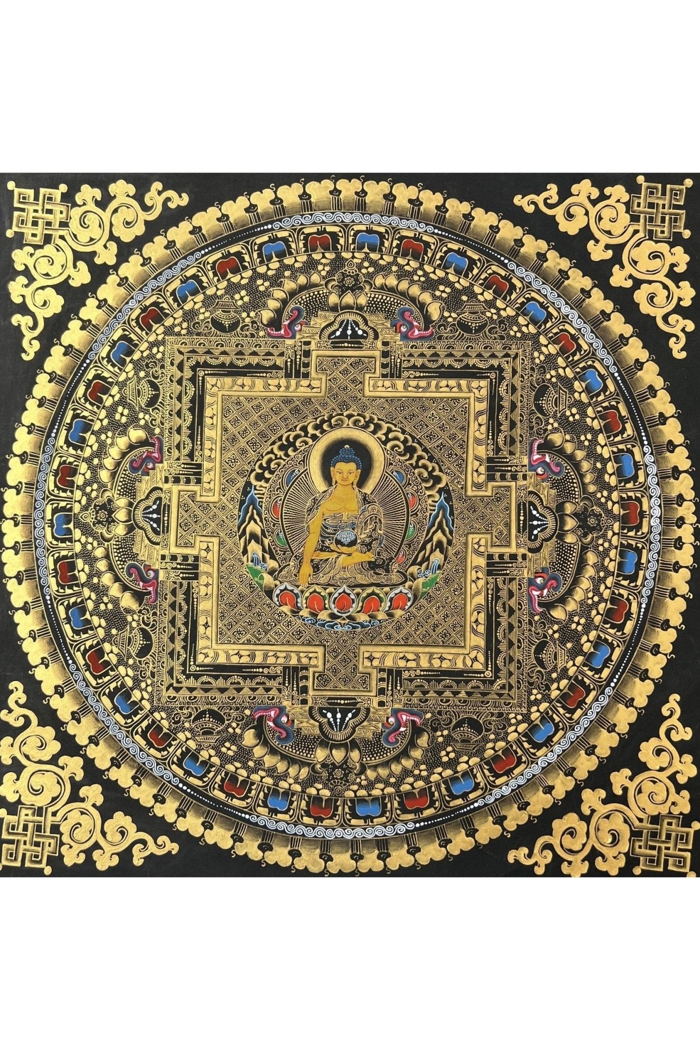 Shakyamuni Buddha Mandala Black and Gold Tibetan Thangka Painting Original Hand - Paining/Meditation Art/ Wall Hanging with Silk Brocade - Tibetan Thangka Art