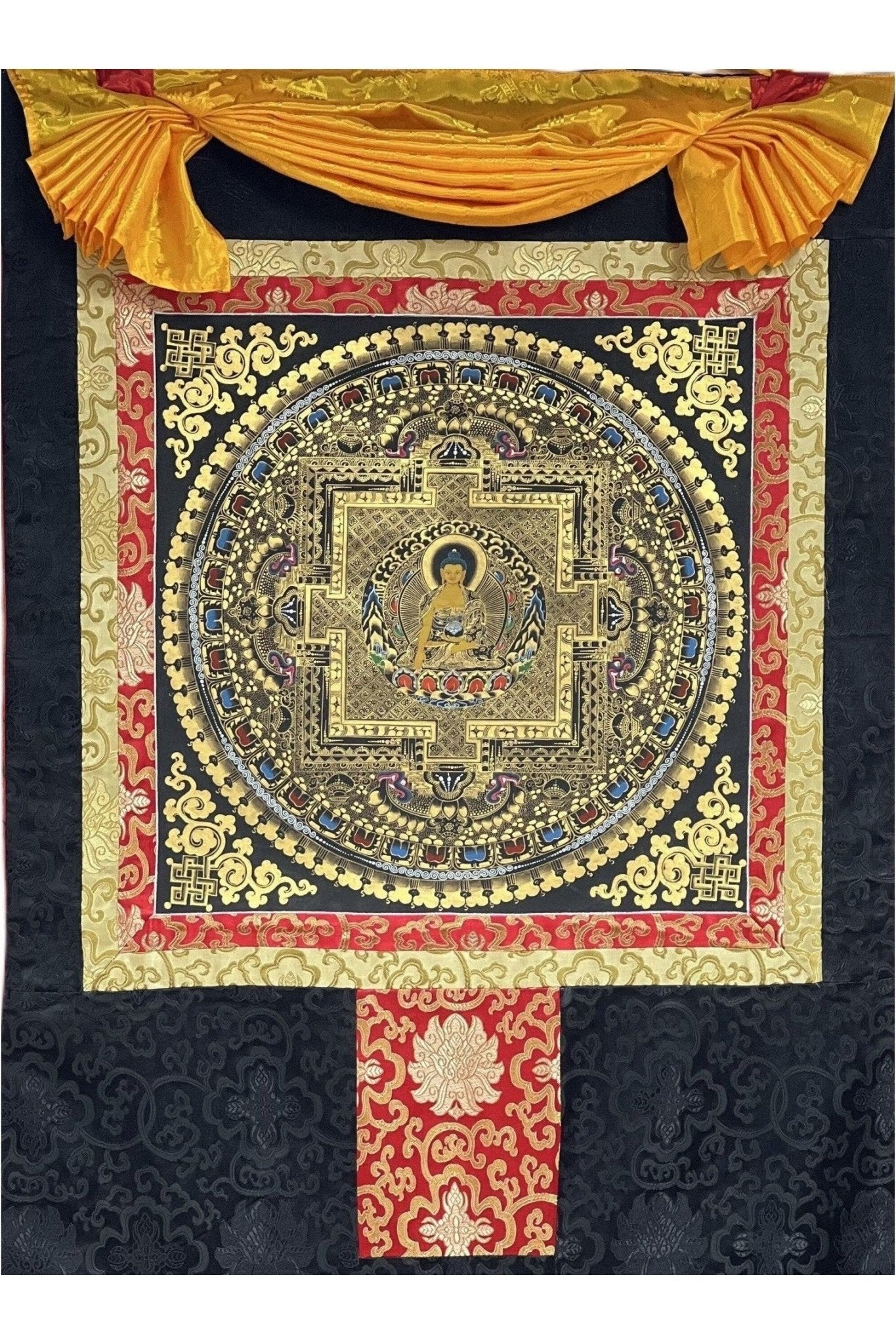 Shakyamuni Buddha Mandala Black and Gold Tibetan Thangka Painting Original Hand - Paining/Meditation Art/ Wall Hanging with Silk Brocade - Tibetan Thangka Art