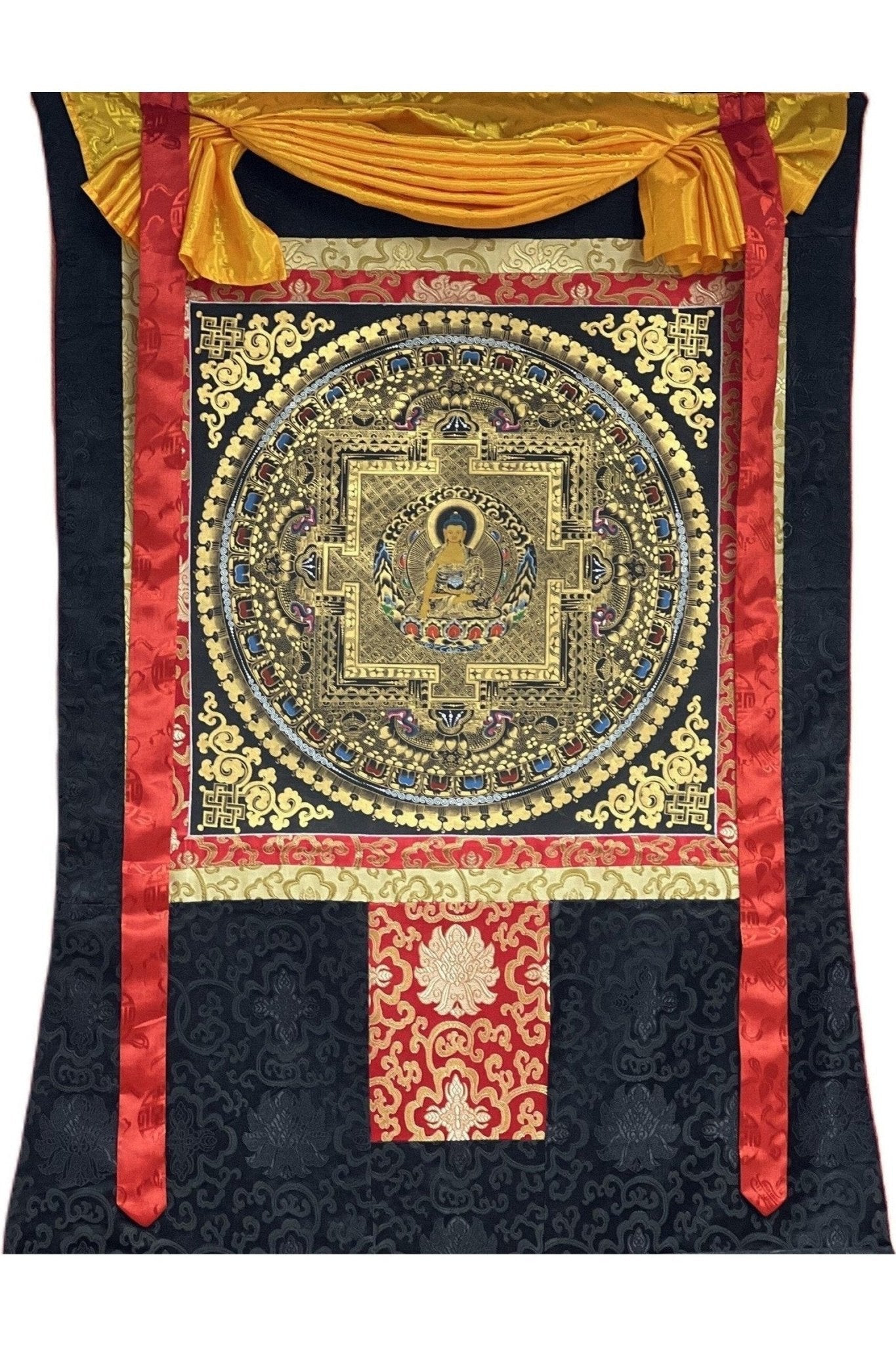 Shakyamuni Buddha Mandala Black and Gold Tibetan Thangka Painting Original Hand - Paining/Meditation Art/ Wall Hanging with Silk Brocade - Tibetan Thangka Art