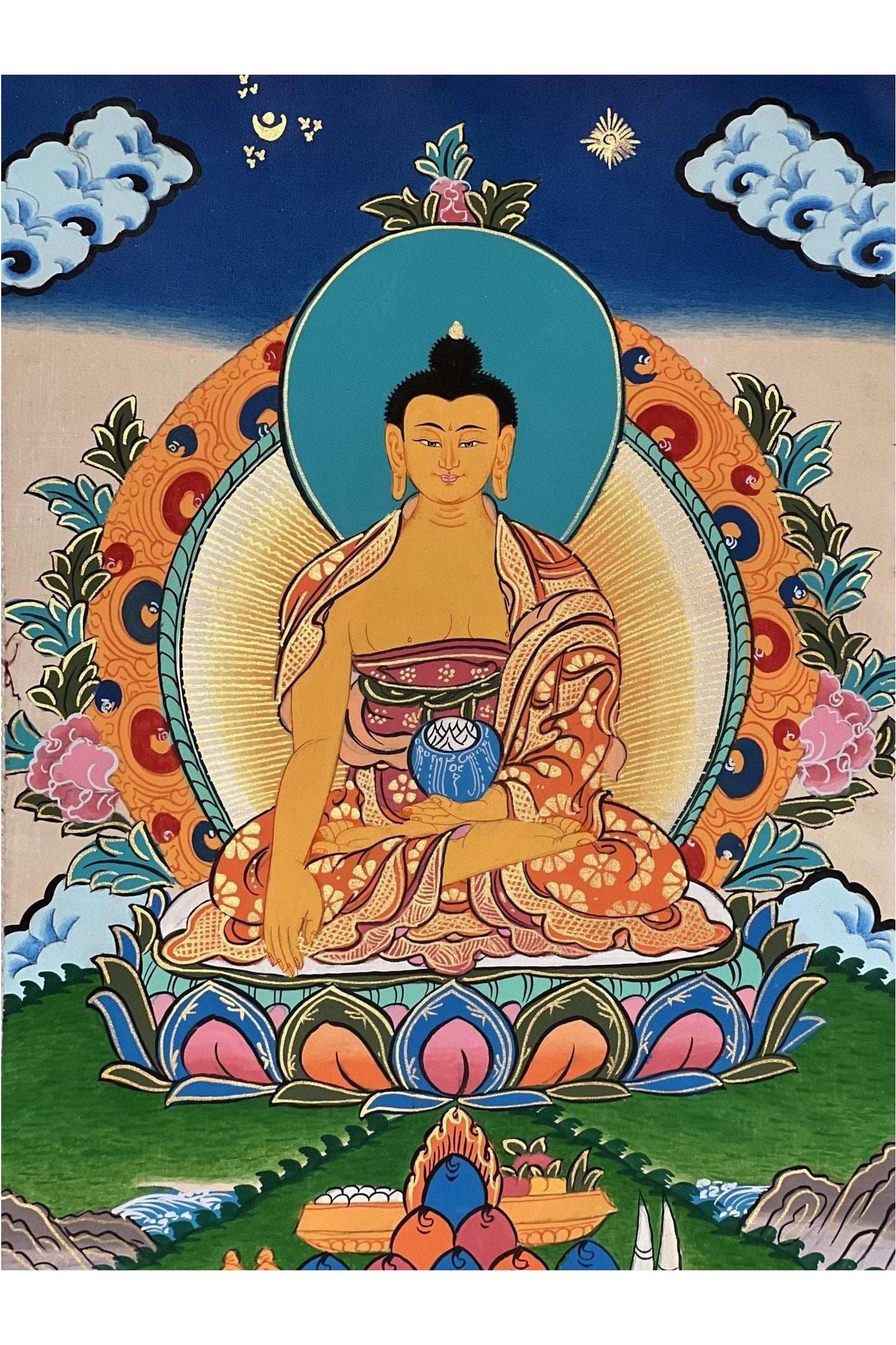 Shakyamuni/ Siddhartha Gautama Buddha Tibetan Thangka Painting Original Hand Painting Meditation Art with High - Quality Silk Frame - Tibetan Thangka Art