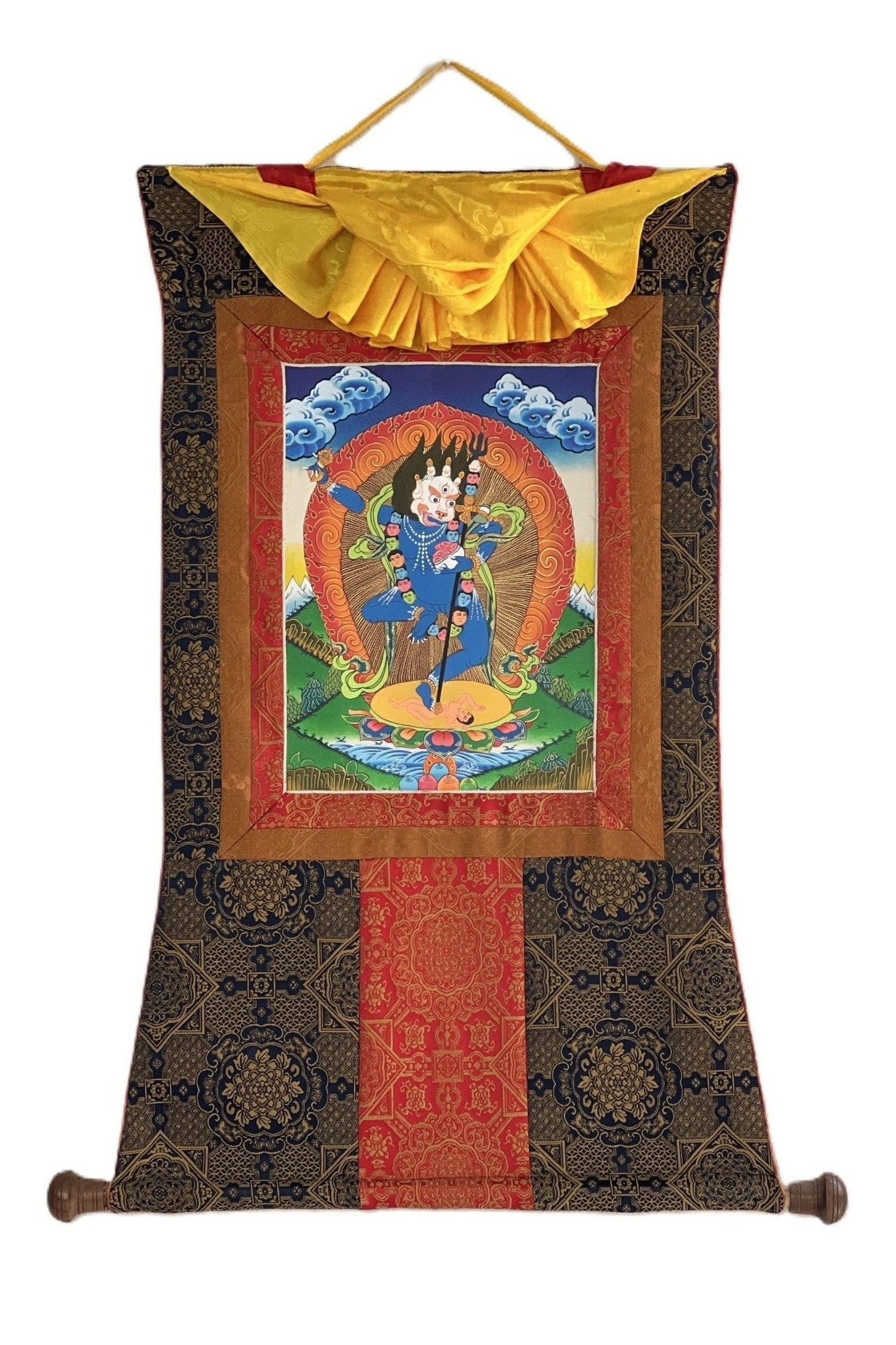 Simhamukhi/ Simhamukha/ Lion Face Dakini/Yogini/ Jogini Tibetan Thangka Painting Original Buddhist Art with Premium Silk Brocade - Tibetan Thangka Art