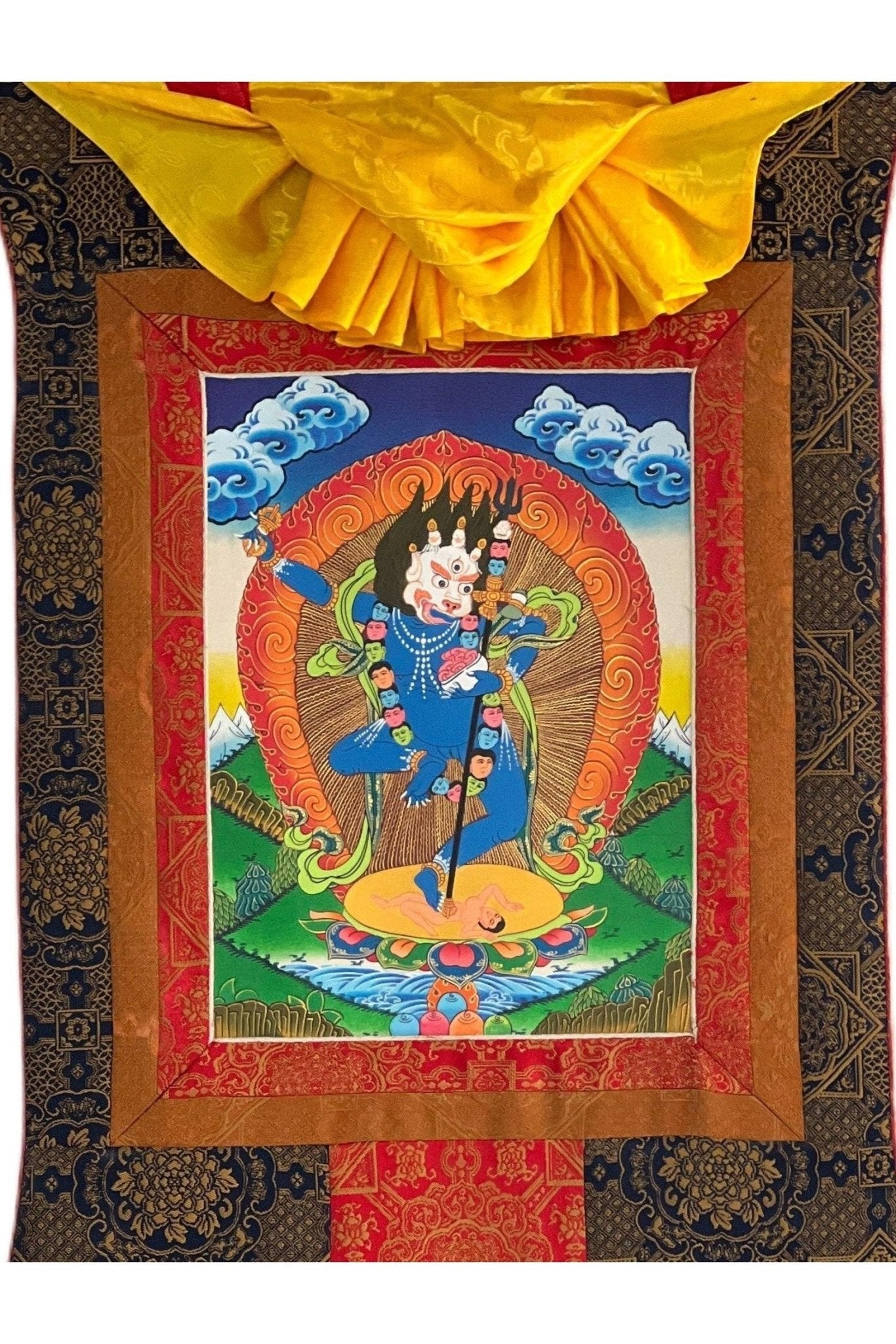 Simhamukhi/ Simhamukha/ Lion Face Dakini/Yogini/ Jogini Tibetan Thangka Painting Original Buddhist Art with Premium Silk Brocade - Tibetan Thangka Art