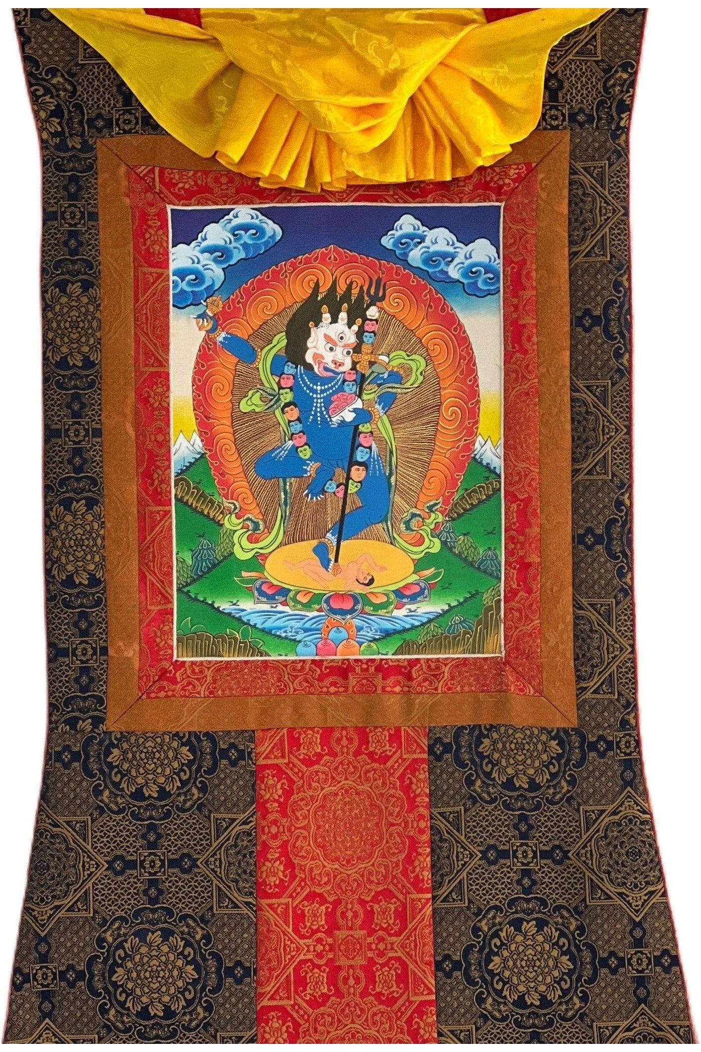 Simhamukhi/ Simhamukha/ Lion Face Dakini/Yogini/ Jogini Tibetan Thangka Painting Original Buddhist Art with Premium Silk Brocade - Tibetan Thangka Art