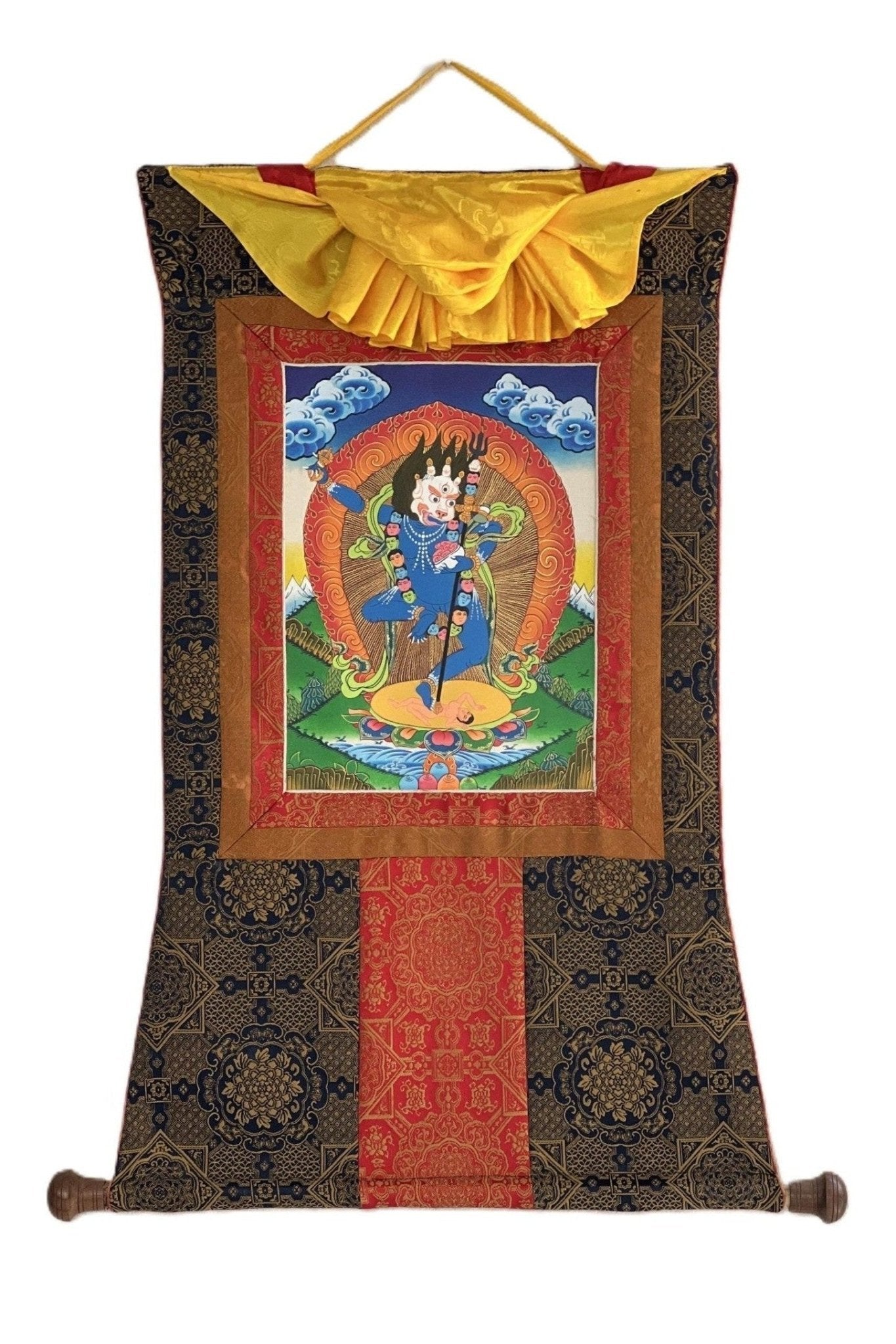 Simhamukhi/ Simhamukha/ Lion Face Dakini/Yogini/ Jogini Tibetan Thangka Painting Original Buddhist Art with Premium Silk Brocade - Tibetan Thangka Art