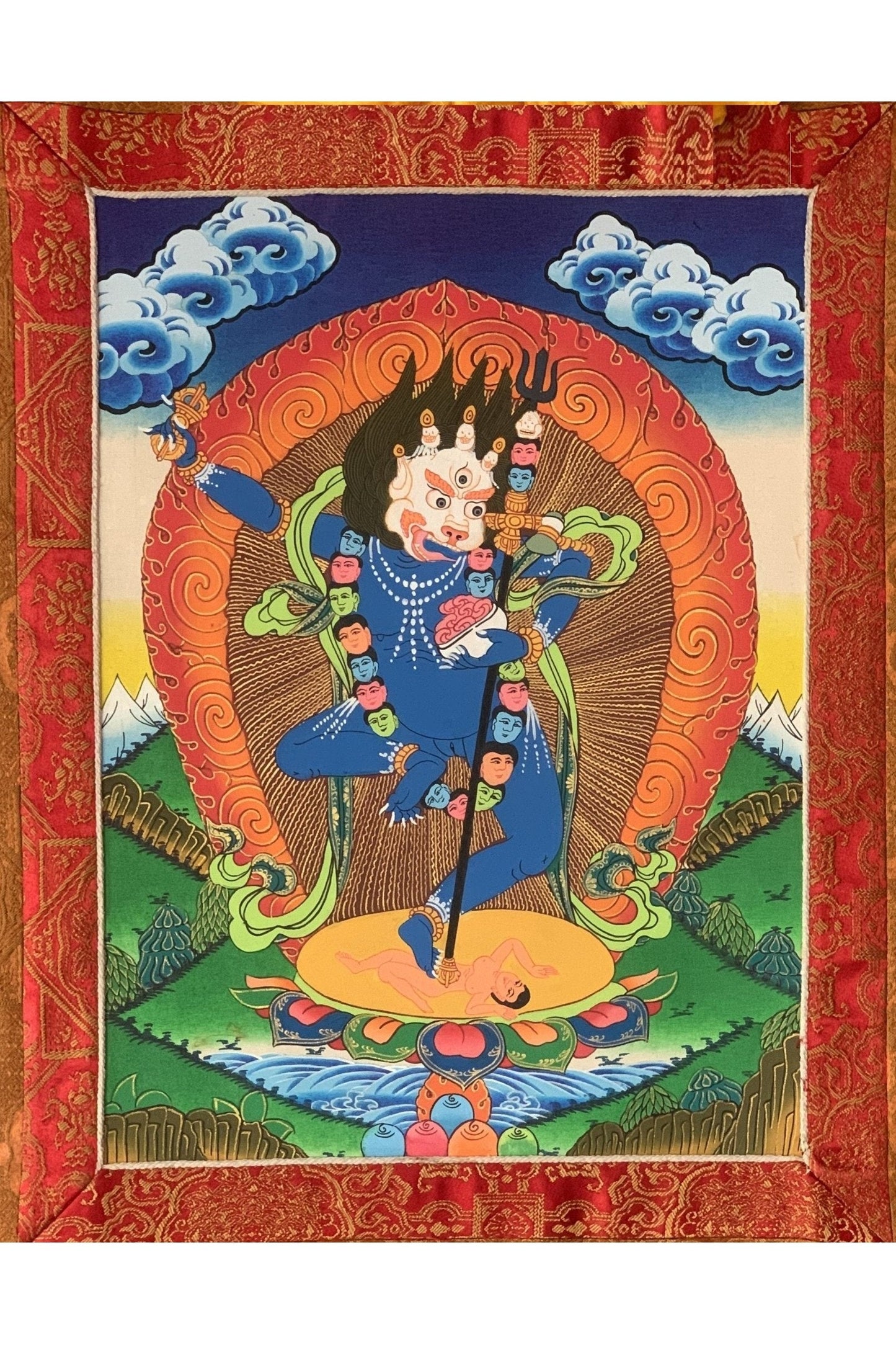 Simhamukhi/ Simhamukha/ Lion Face Dakini/Yogini/ Jogini Tibetan Thangka Painting Original Buddhist Art with Premium Silk Brocade - Tibetan Thangka Art