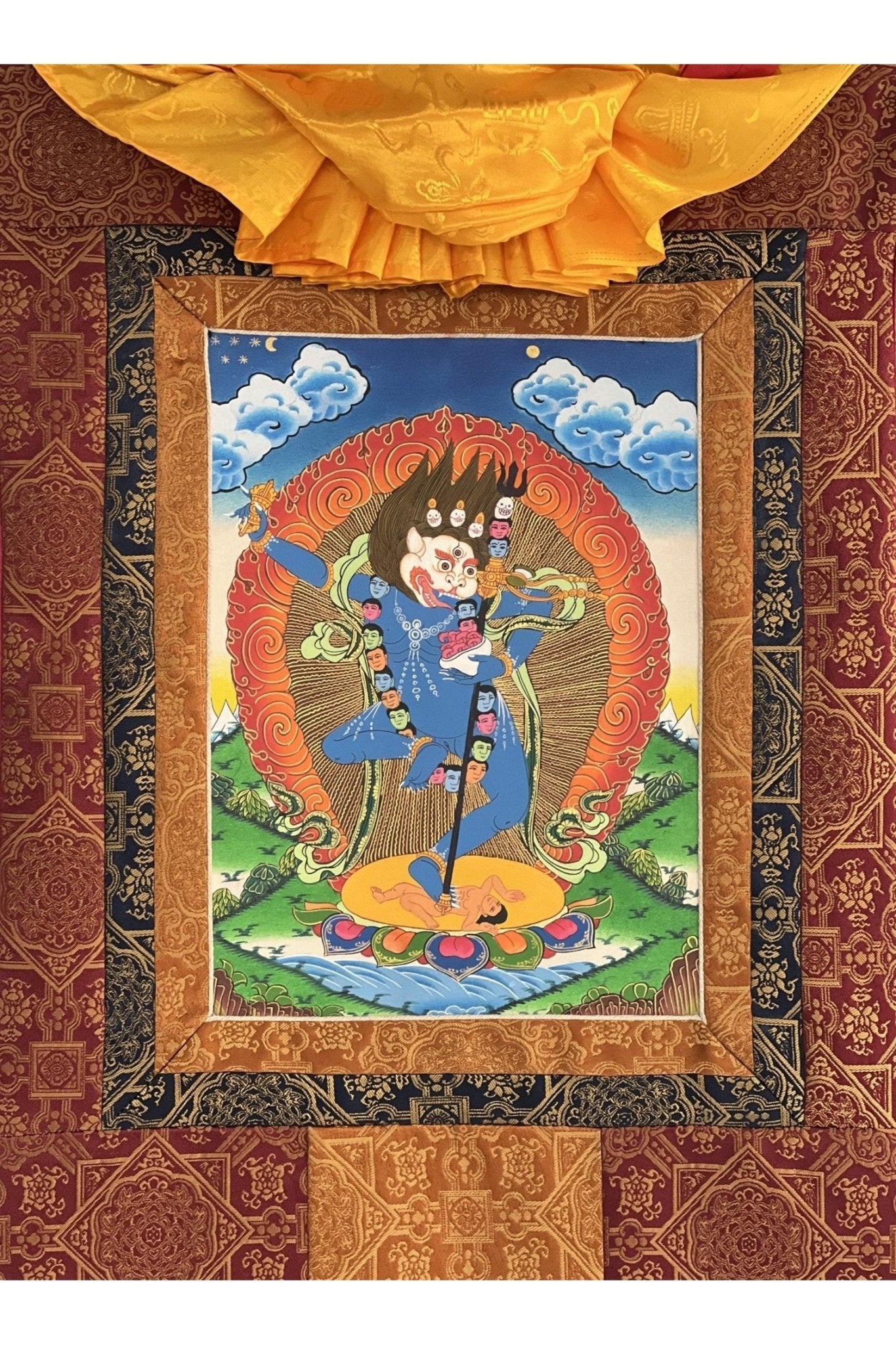 Simhamukhi/ Simhamukha Yogini/ Lion Faced Dakini/Female Buddha Original Hand - painted Tibetan Thangka Painting with Premium Silk Brocade - Tibetan Thangka Art