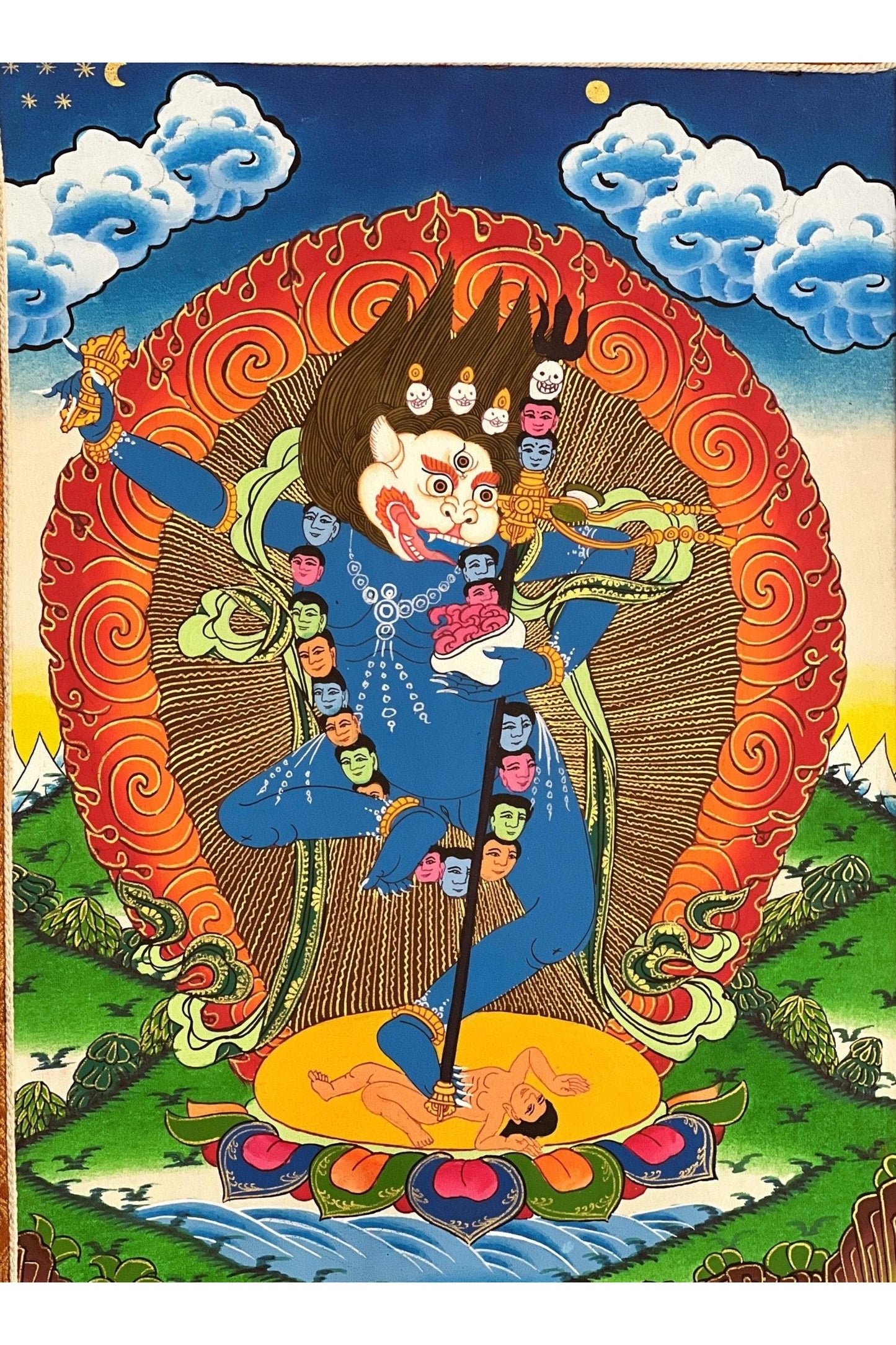 Simhamukhi/ Simhamukha Yogini/ Lion Faced Dakini/Female Buddha Original Hand - painted Tibetan Thangka Painting with Premium Silk Brocade - Tibetan Thangka Art