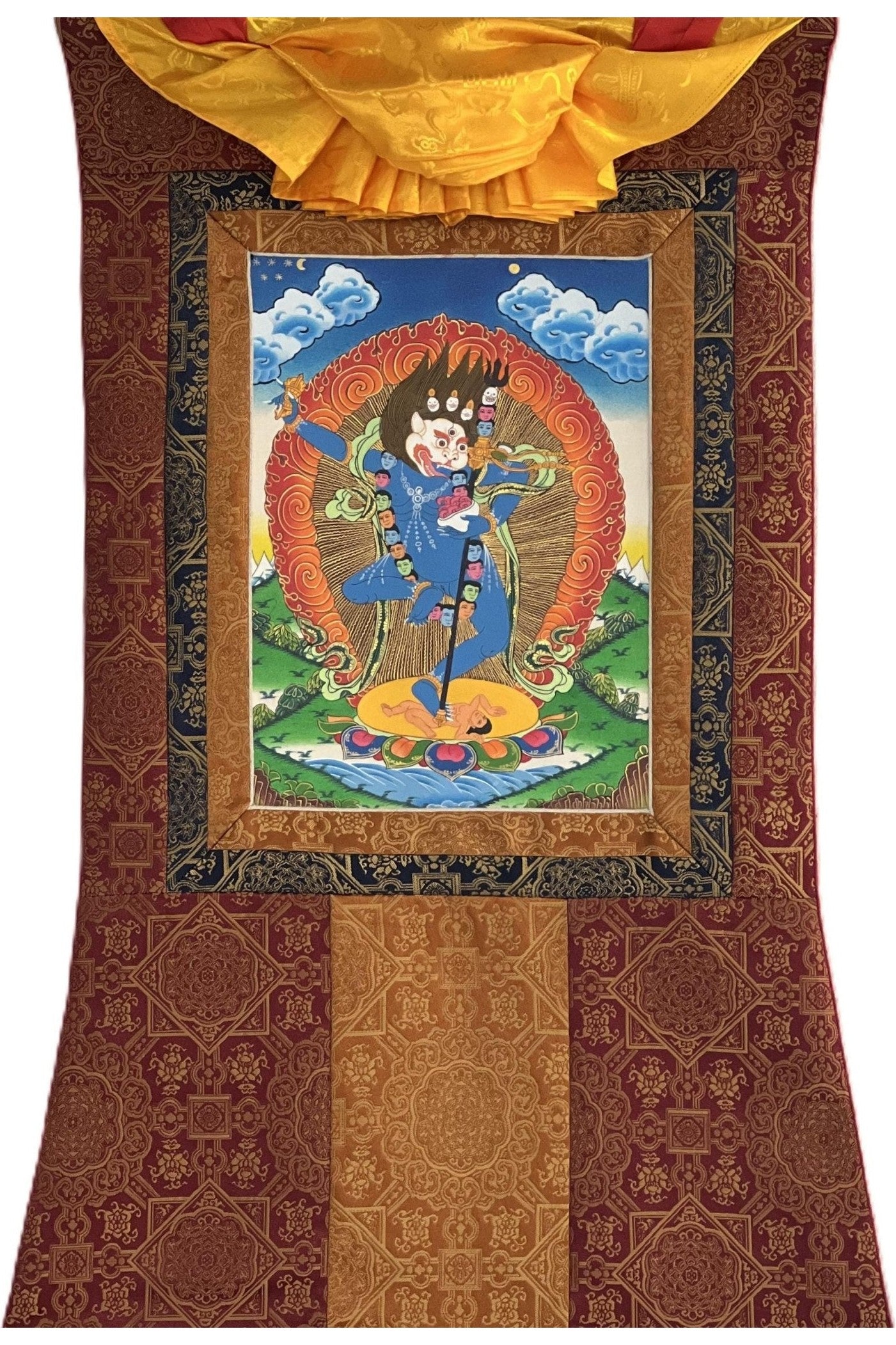 Simhamukhi/ Simhamukha Yogini/ Lion Faced Dakini/Female Buddha Original Hand - painted Tibetan Thangka Painting with Premium Silk Brocade - Tibetan Thangka Art
