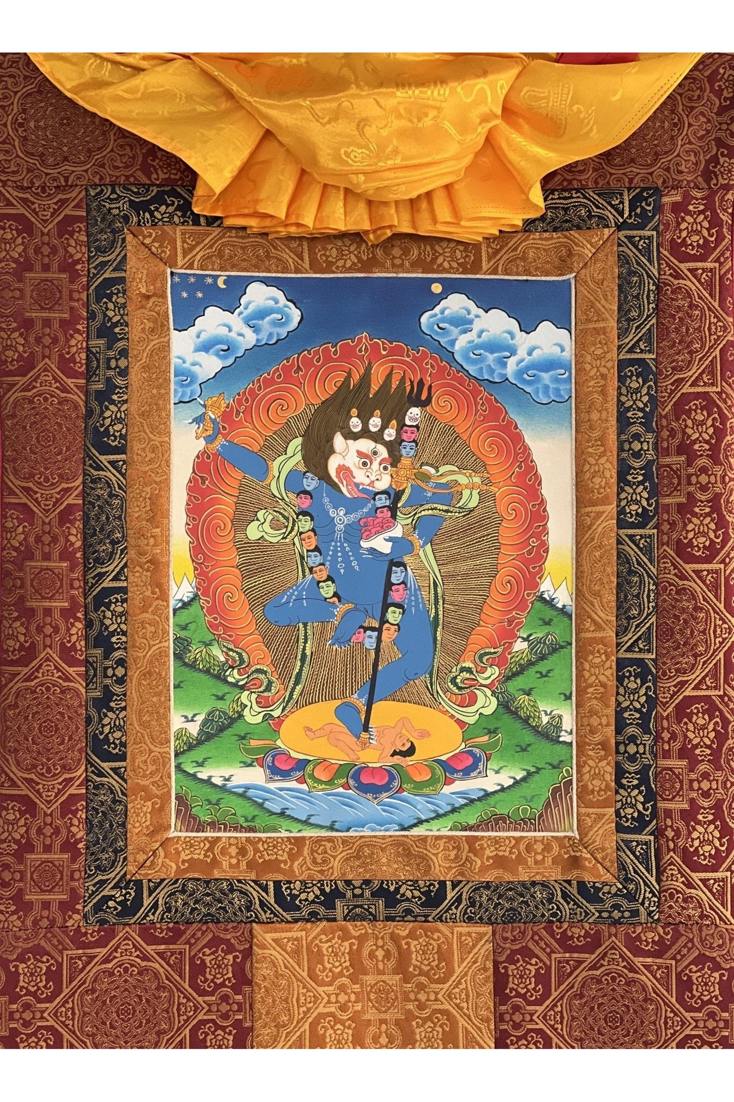 Simhamukhi/ Simhamukha Yogini/ Lion Faced Dakini/Female Buddha Original Hand - painted Tibetan Thangka Painting with Premium Silk Brocade - Tibetan Thangka Art