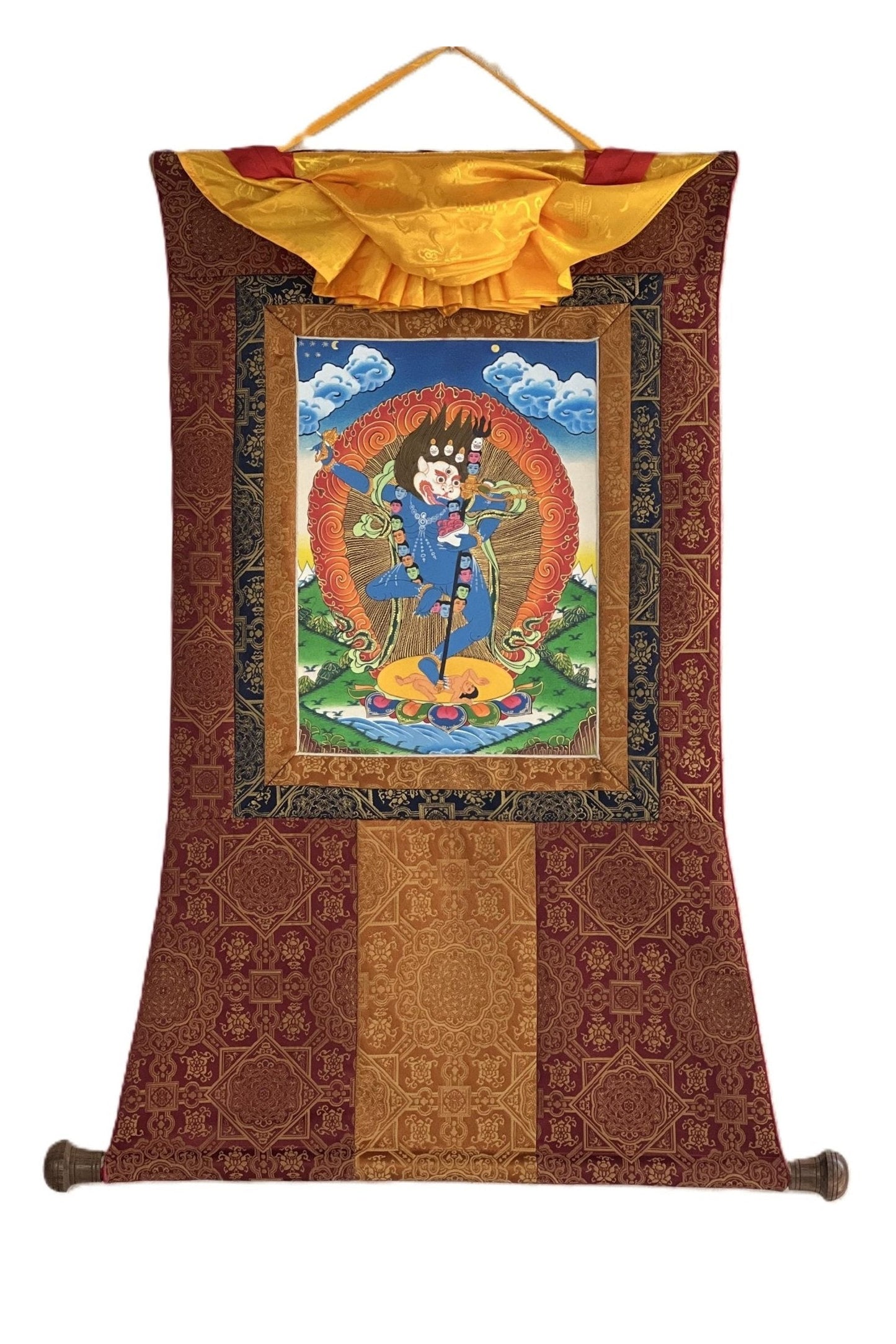 Simhamukhi/ Simhamukha Yogini/ Lion Faced Dakini/Female Buddha Original Hand - painted Tibetan Thangka Painting with Premium Silk Brocade - Tibetan Thangka Art