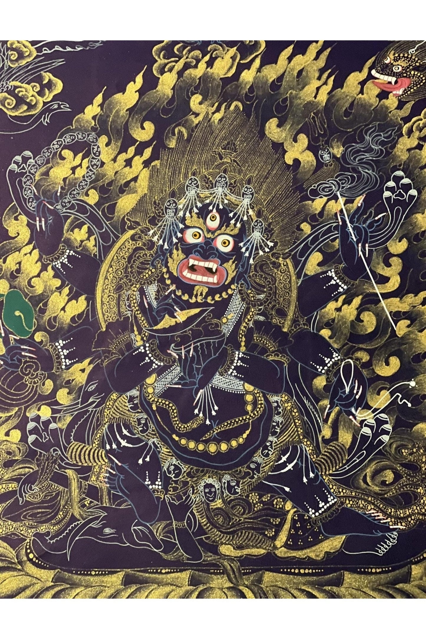 Six - Armed Mahakala/ Mahankala Thangka | Master Quality Tibetan Painting | Black and Gold Original Hand - Painted Buddhist Art - Tibetan Thangka Art