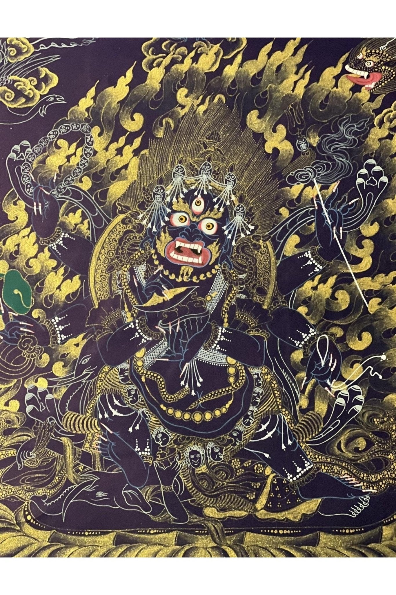 Six - Armed Mahakala/ Mahankala Thangka | Master Quality Tibetan Painting | Black and Gold Original Hand - Painted Buddhist Art - Tibetan Thangka Art