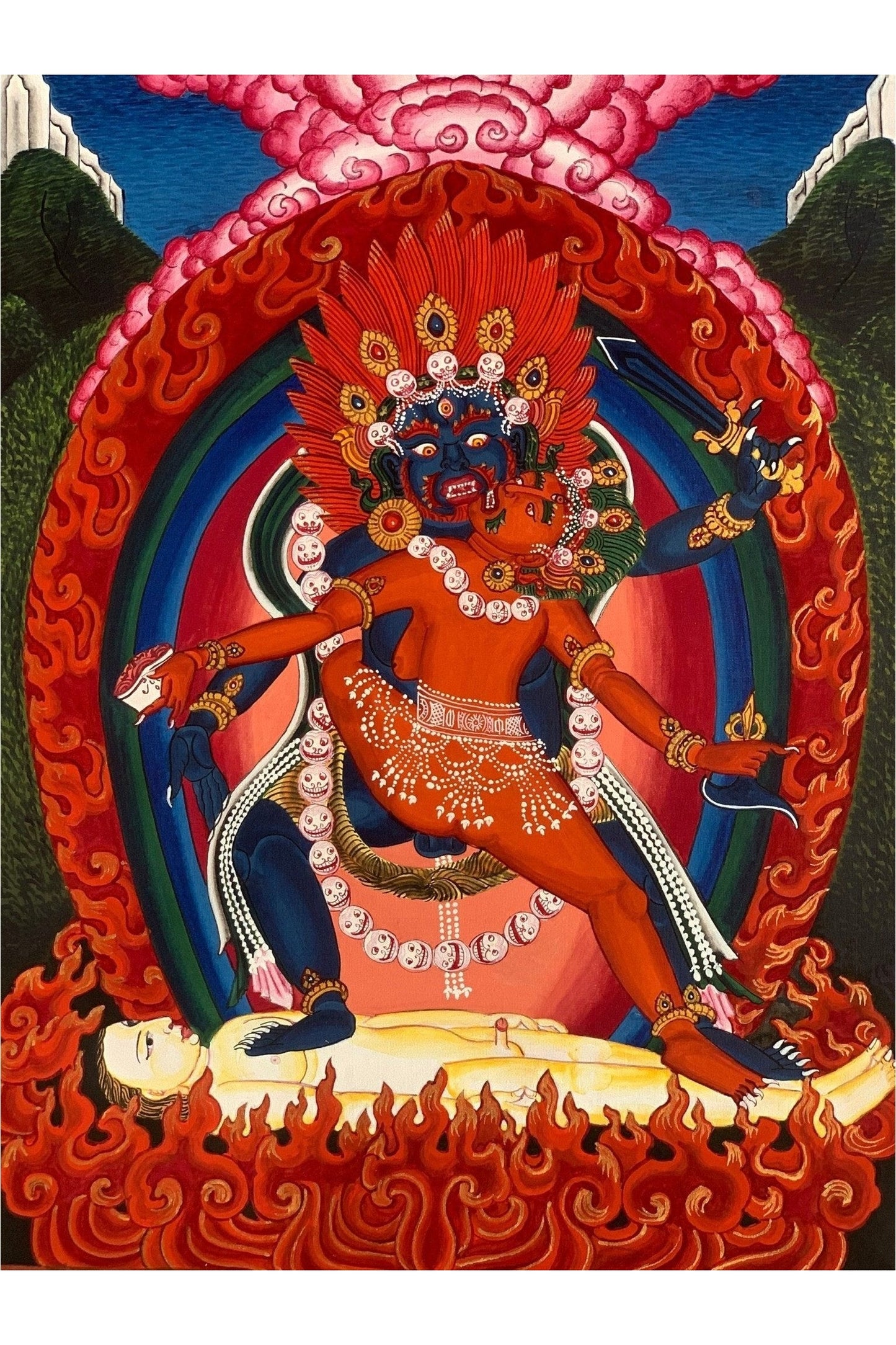 Vajrabhairava with concert Vajravetali, Newari Paubha Masterpiece Tibetan Thangka Painting Original Art of Kathmandu Valley - Tibetan Thangka Art