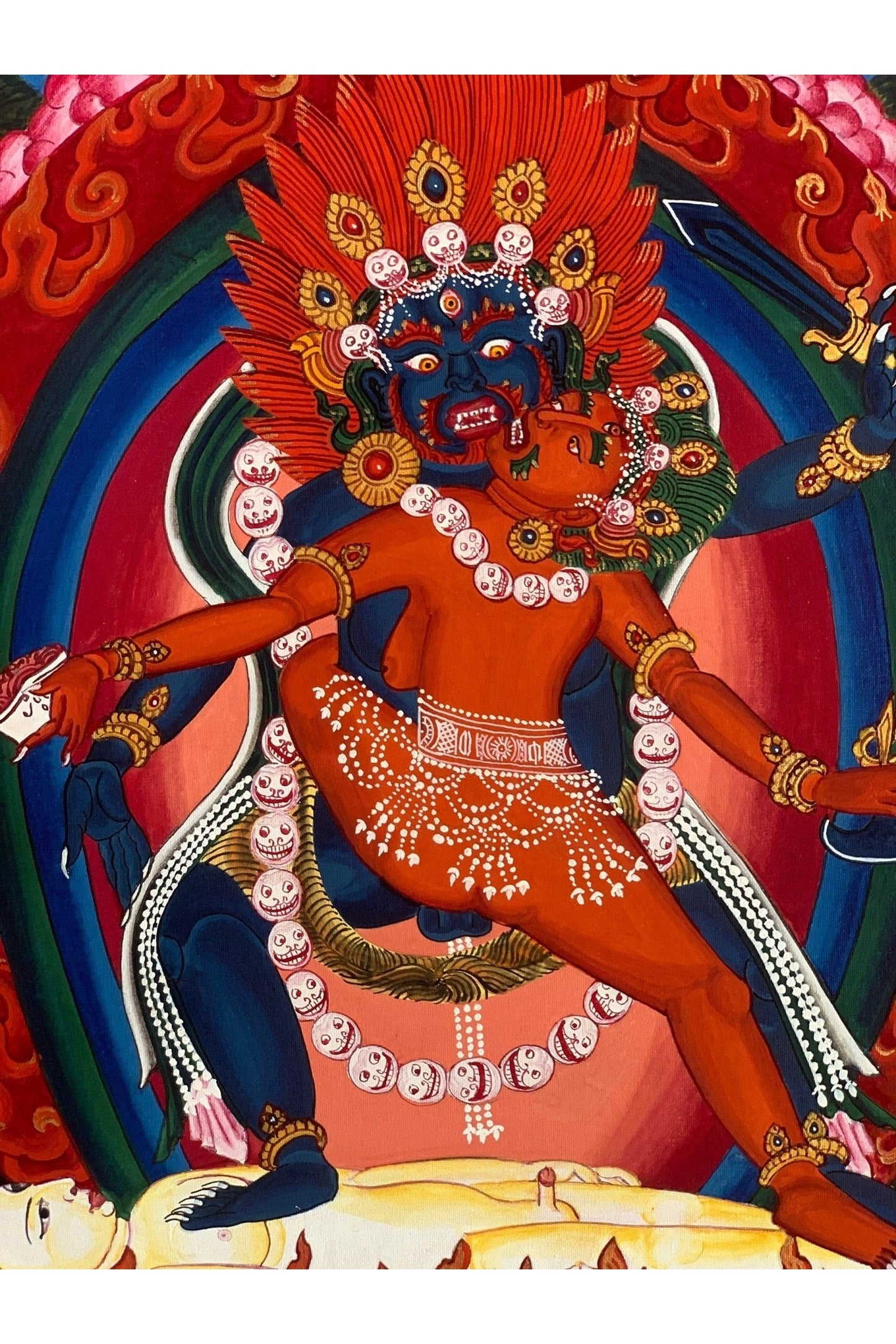 Vajrabhairava with concert Vajravetali, Newari Paubha Masterpiece Tibetan Thangka Painting Original Art of Kathmandu Valley - Tibetan Thangka Art