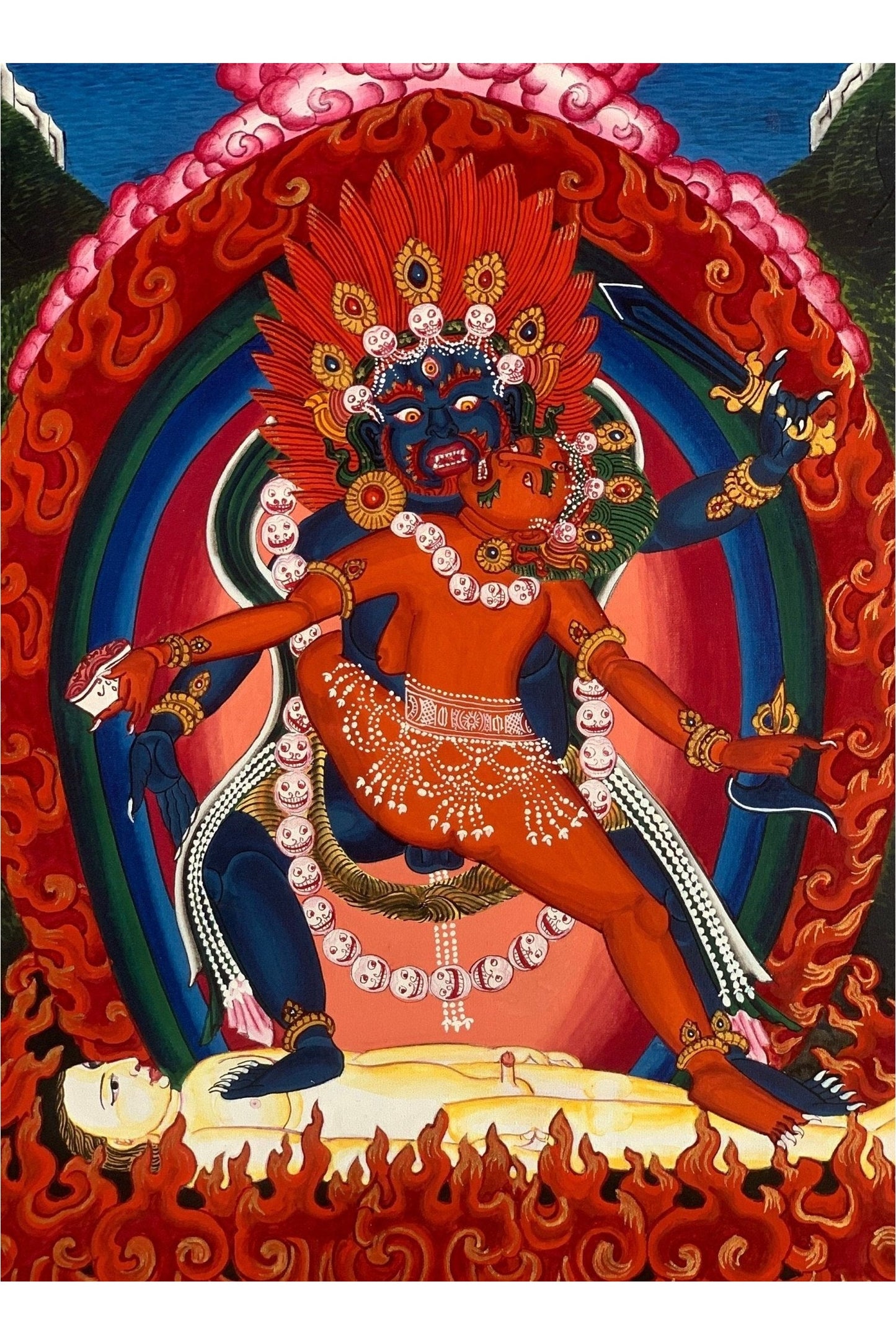 Vajrabhairava with concert Vajravetali, Newari Paubha Masterpiece Tibetan Thangka Painting Original Art of Kathmandu Valley - Tibetan Thangka Art