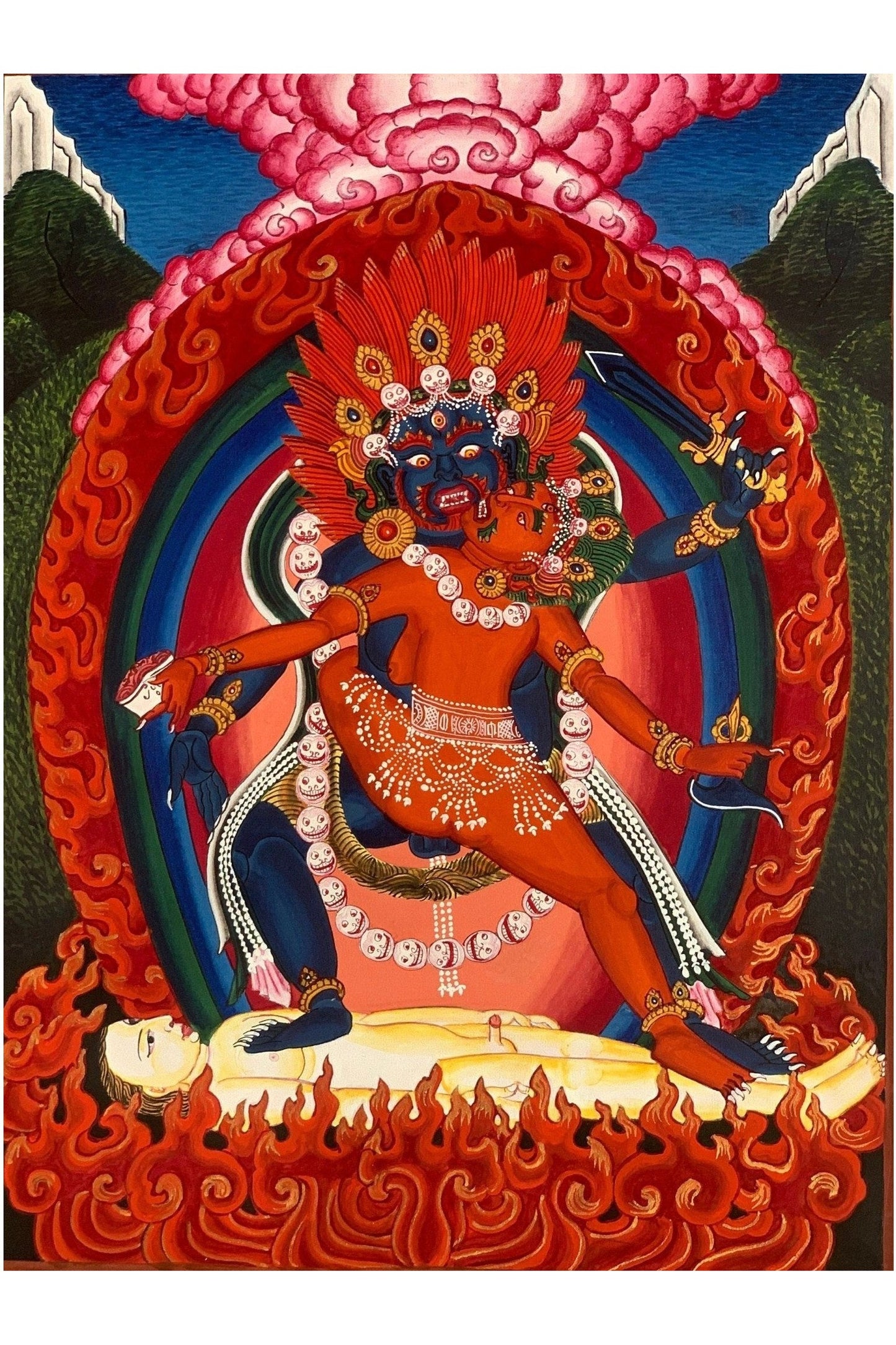 Vajrabhairava with concert Vajravetali, Newari Paubha Masterpiece Tibetan Thangka Painting Original Art of Kathmandu Valley - Tibetan Thangka Art