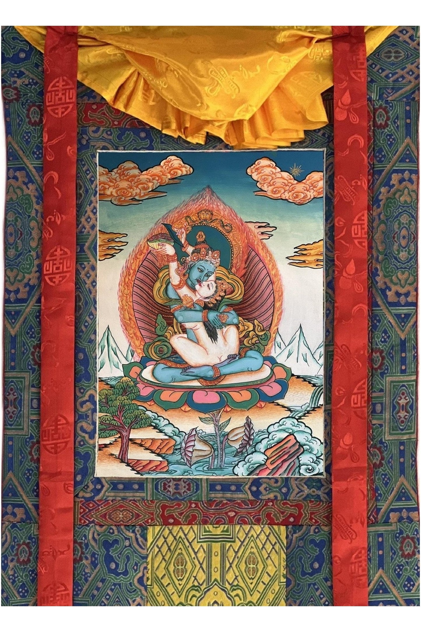 Vajradhara in Divine Union (Yab - Yum) with Concert Prajnaparamita/ Newari Paubha/ Thangka Painting/ Original Art with premium Silk Brocade - Tibetan Thangka Art