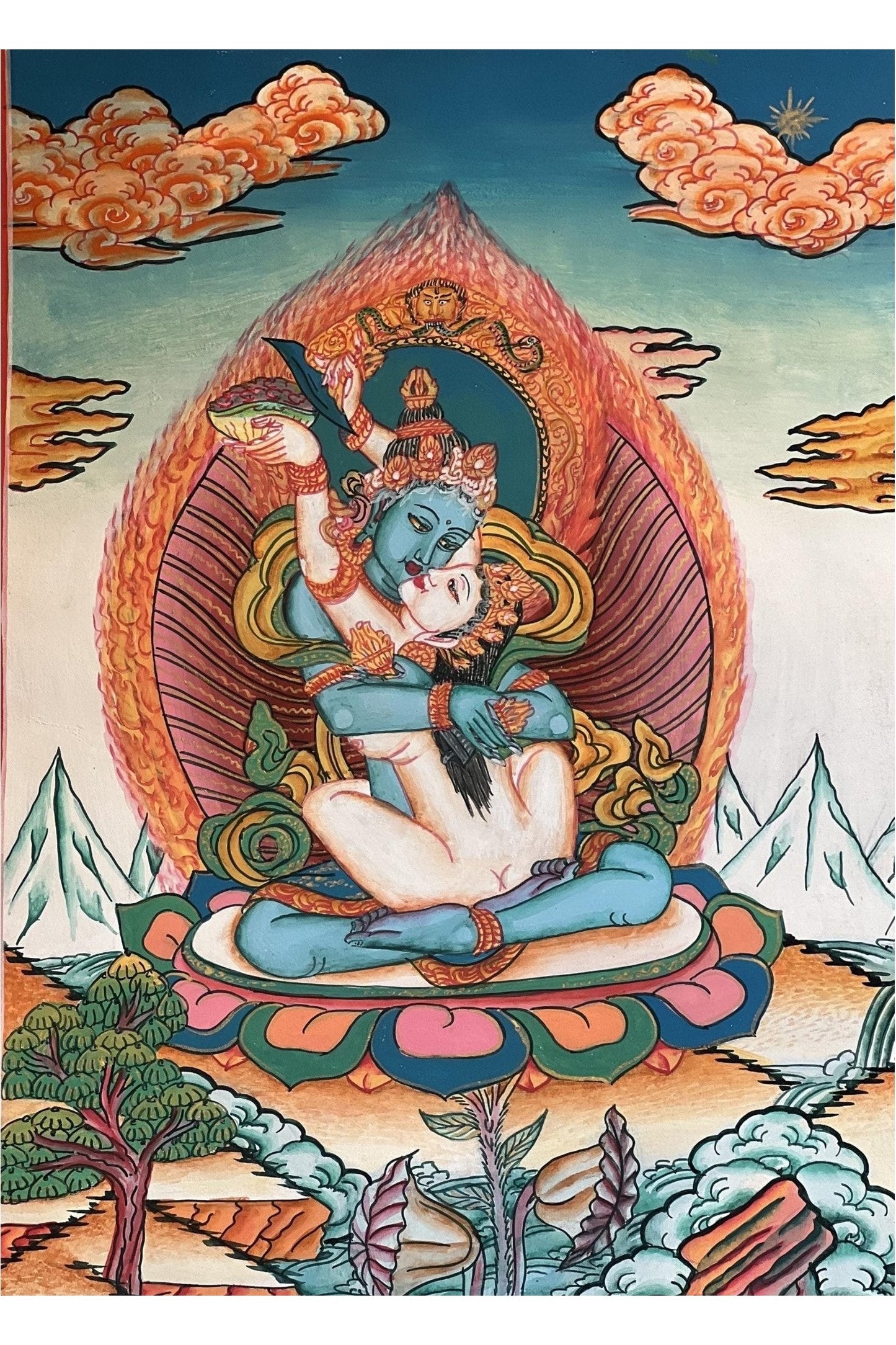Vajradhara in Divine Union (Yab - Yum) with Concert Prajnaparamita/ Newari Paubha/ Thangka Painting/ Original Art with premium Silk Brocade - Tibetan Thangka Art