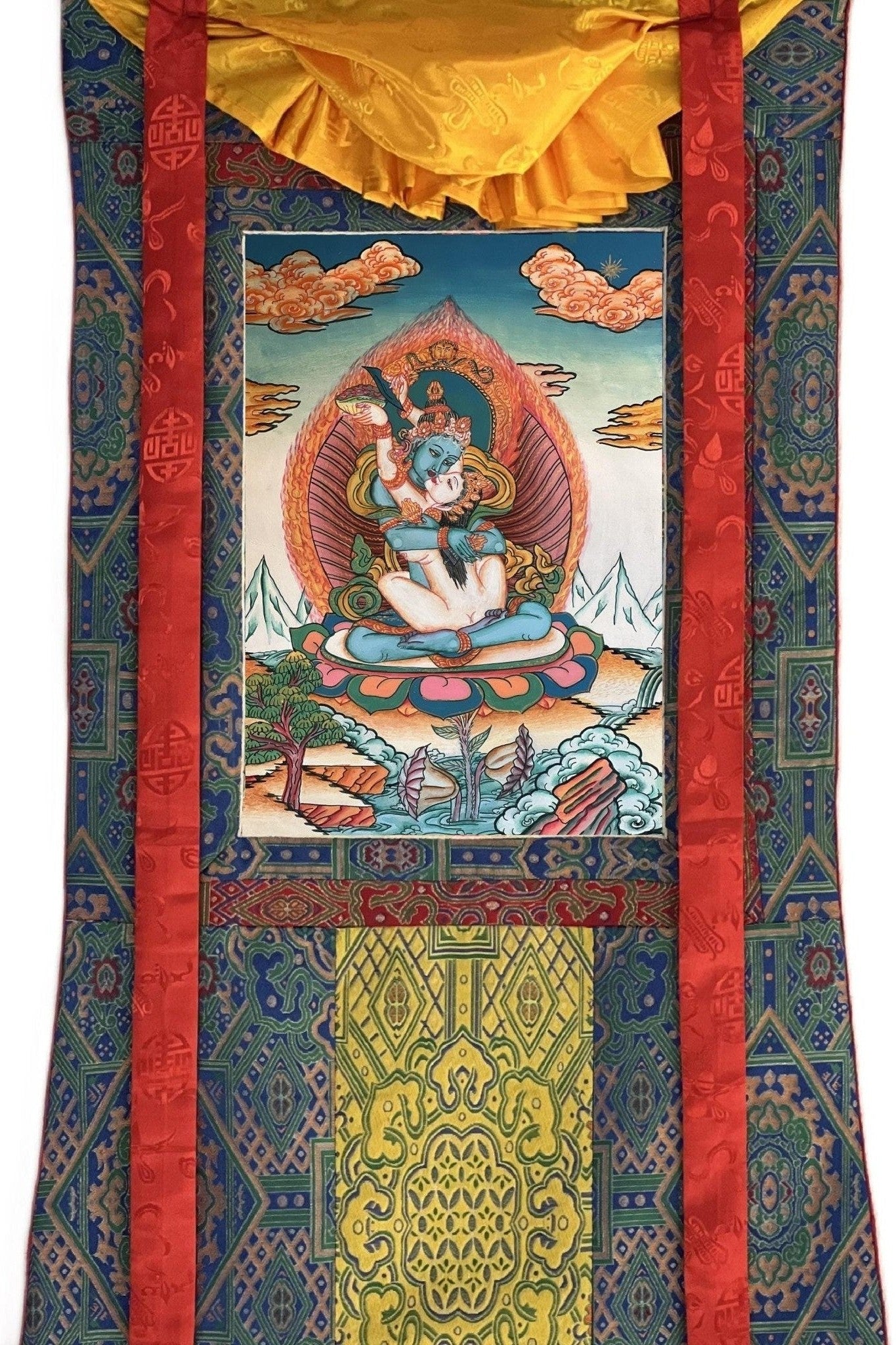 Vajradhara in Divine Union (Yab - Yum) with Concert Prajnaparamita/ Newari Paubha/ Thangka Painting/ Original Art with premium Silk Brocade - Tibetan Thangka Art