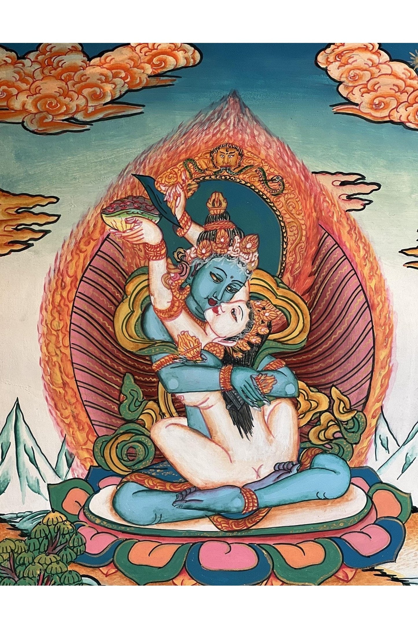 Vajradhara in Divine Union (Yab - Yum) with Concert Prajnaparamita/ Newari Paubha/ Thangka Painting/ Original Art with premium Silk Brocade - Tibetan Thangka Art