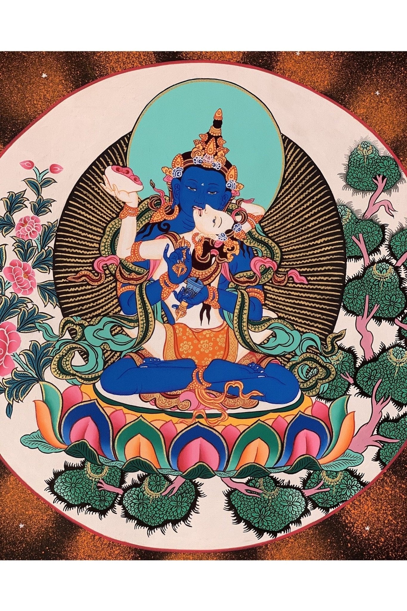 Vajradhara with Shakti Prajnaparamita Yab Yum Master Quality Tibetan Thangka Painting Original Art with Premium Silk Brocade - Tibetan Thangka Art