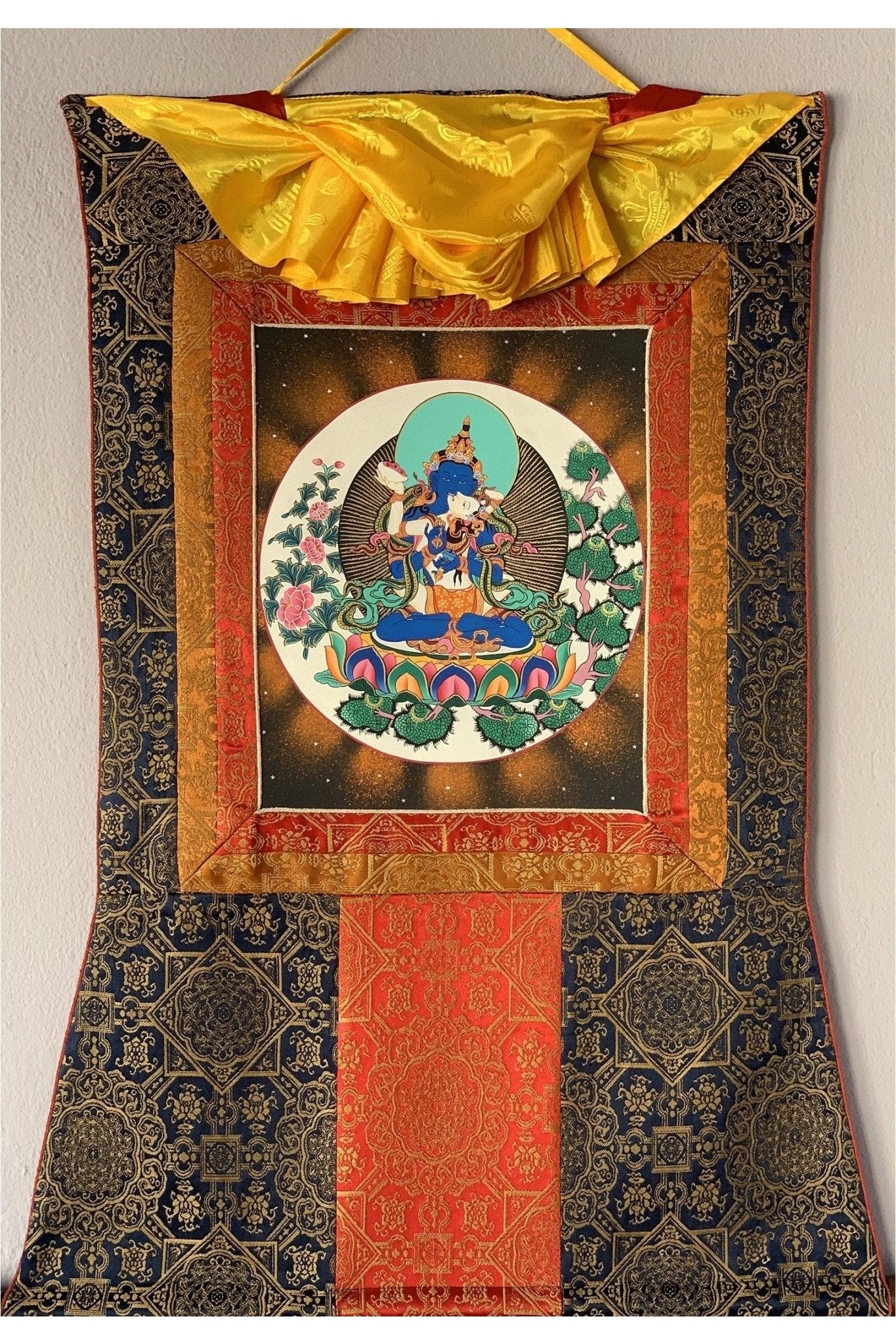 Vajradhara with Shakti Prajnaparamita Yab Yum Master Quality Tibetan Thangka Painting Original Art with Premium Silk Brocade - Tibetan Thangka Art