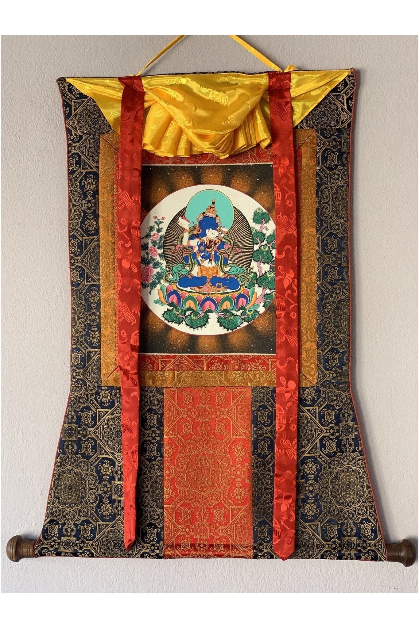 Vajradhara with Shakti Prajnaparamita Yab Yum Master Quality Tibetan Thangka Painting Original Art with Premium Silk Brocade - Tibetan Thangka Art