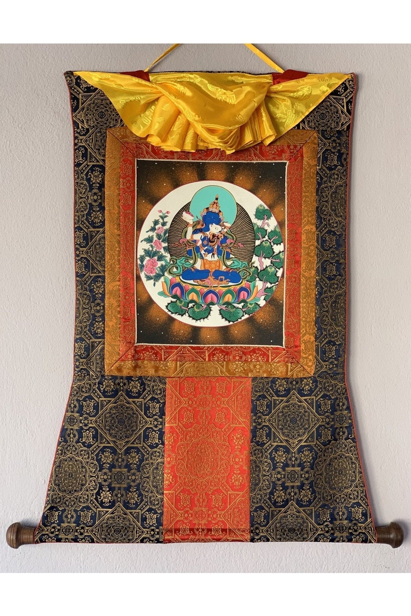 Vajradhara with Shakti Prajnaparamita Yab Yum Master Quality Tibetan Thangka Painting Original Art with Premium Silk Brocade - Tibetan Thangka Art