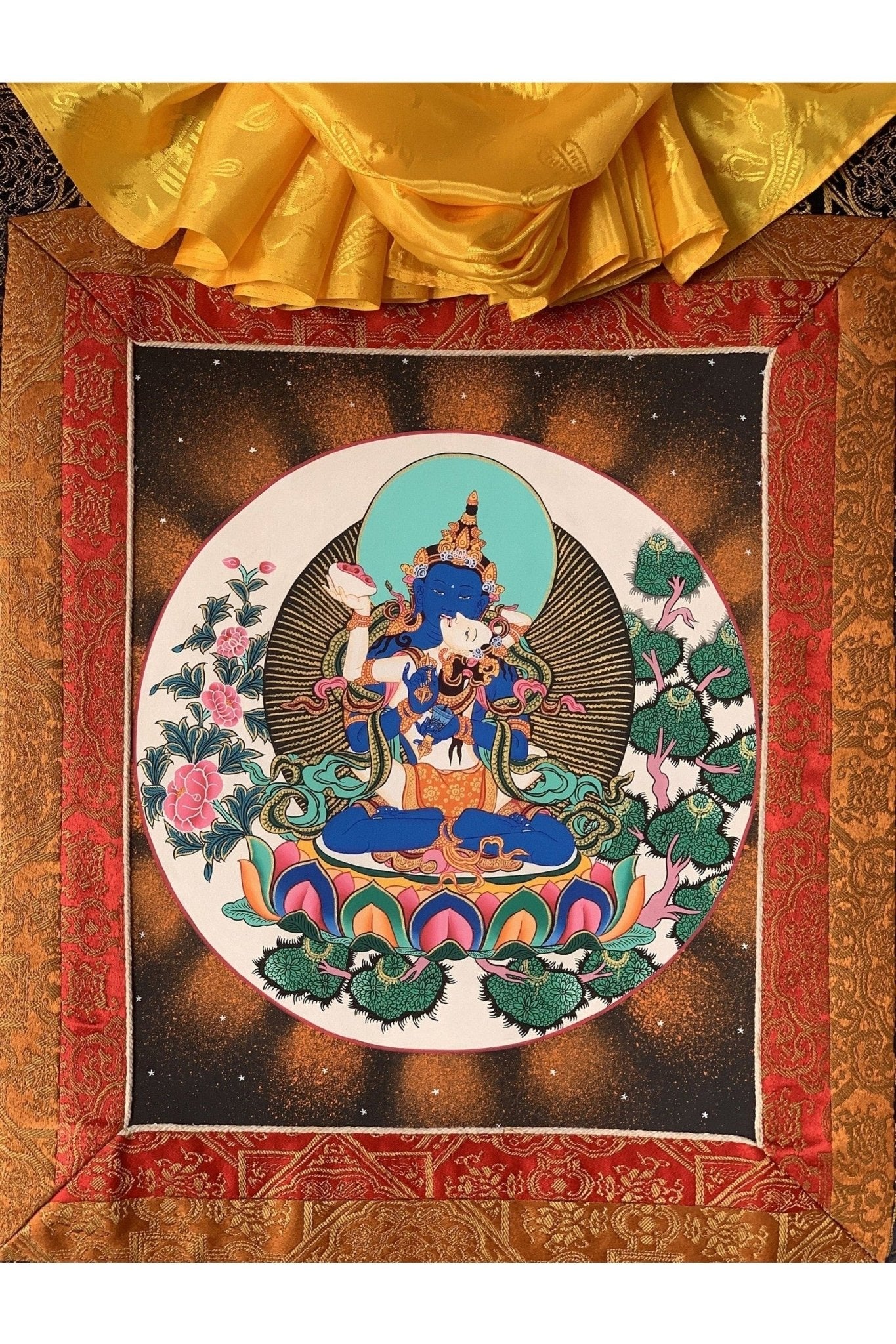 Vajradhara with Shakti Prajnaparamita Yab Yum Master Quality Tibetan Thangka Painting Original Art with Premium Silk Brocade - Tibetan Thangka Art