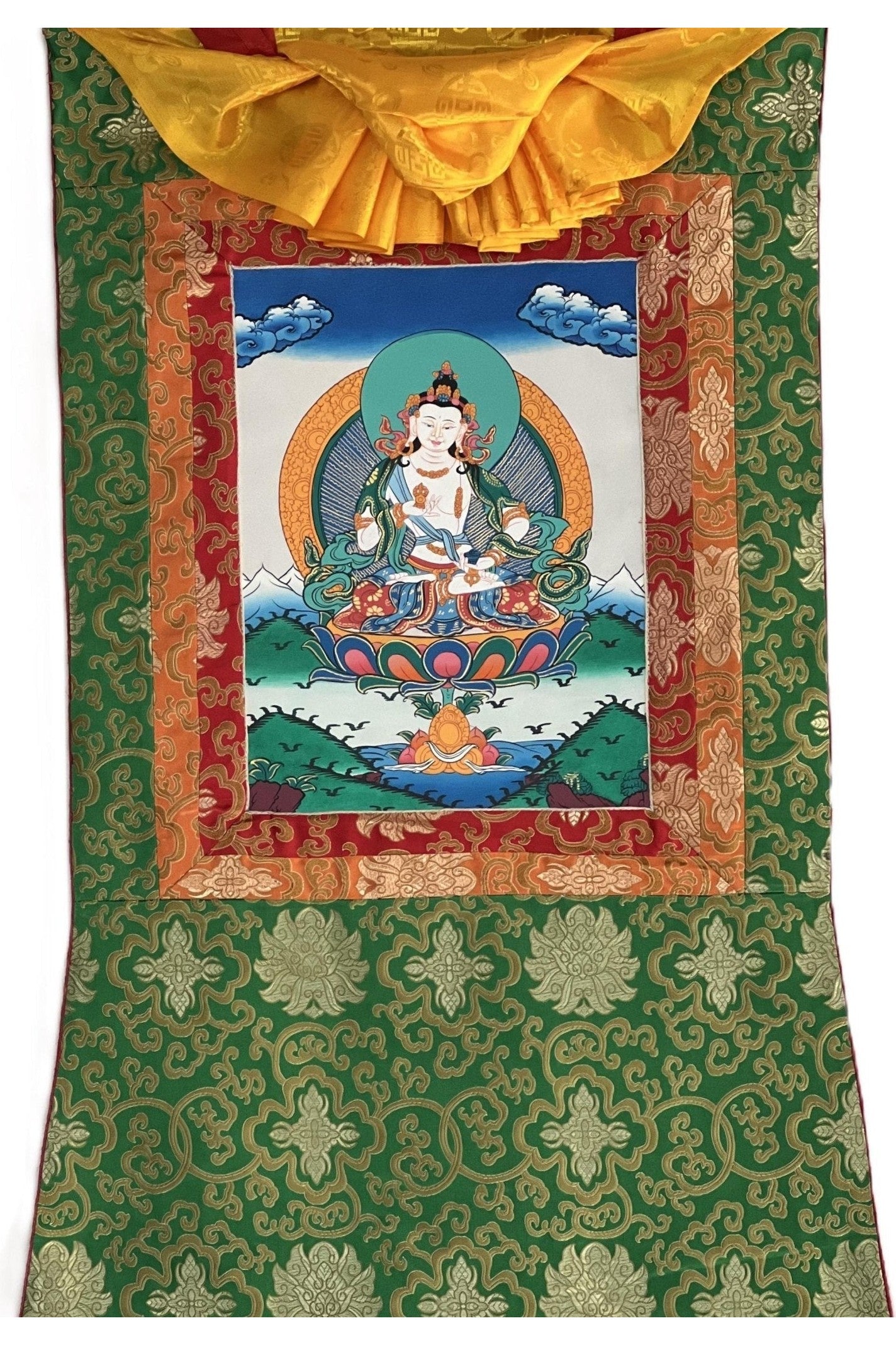 Vajrasattva/ Dorje Sempa/ Dhyani Buddha/ Bodhisattva of Compassion Tibetan Thangka Painting Original Hand - painted Art with Silk Brocade - Tibetan Thangka Art
