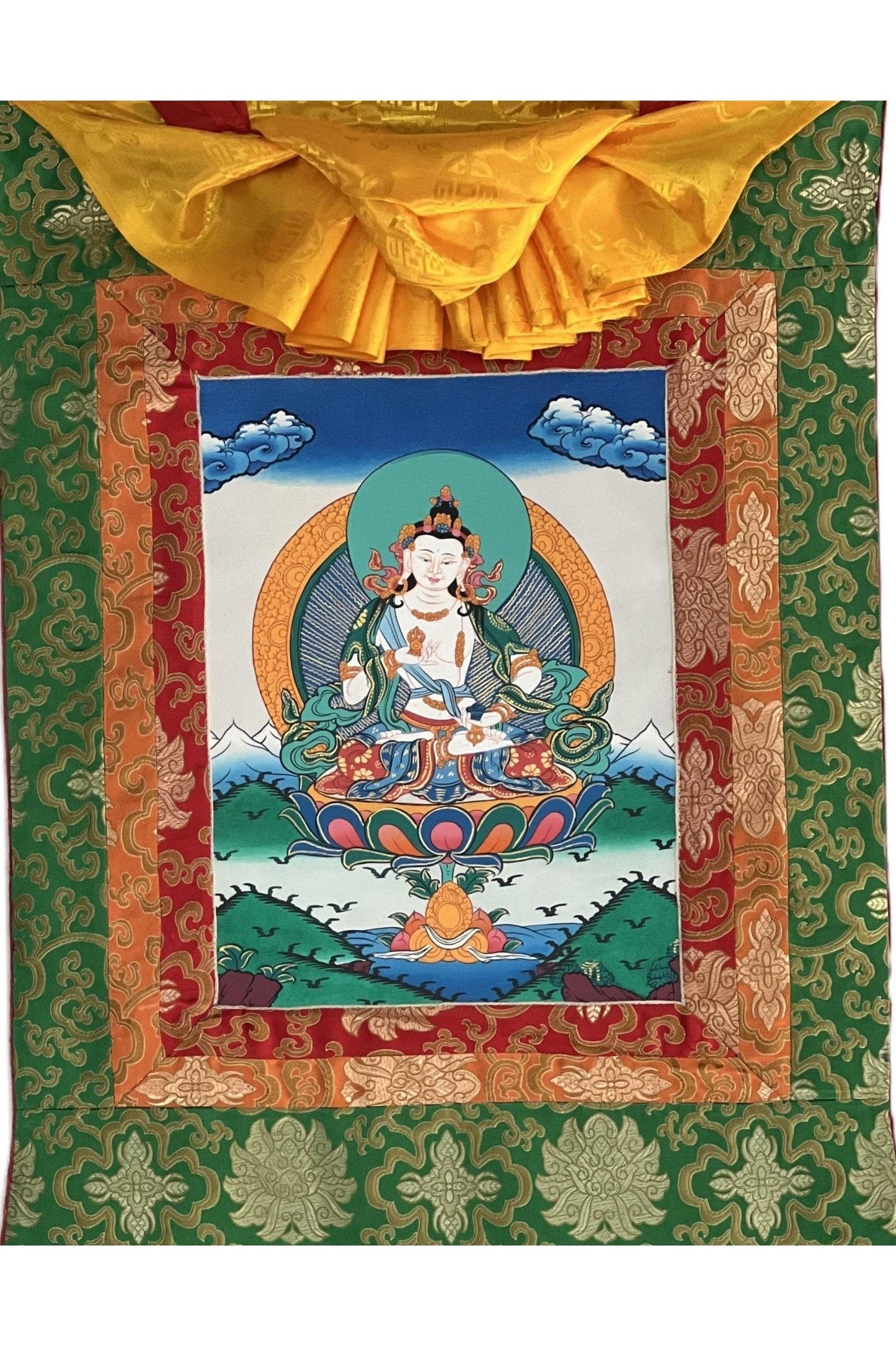 Vajrasattva/ Dorje Sempa/ Dhyani Buddha/ Bodhisattva of Compassion Tibetan Thangka Painting Original Hand - painted Art with Silk Brocade - Tibetan Thangka Art