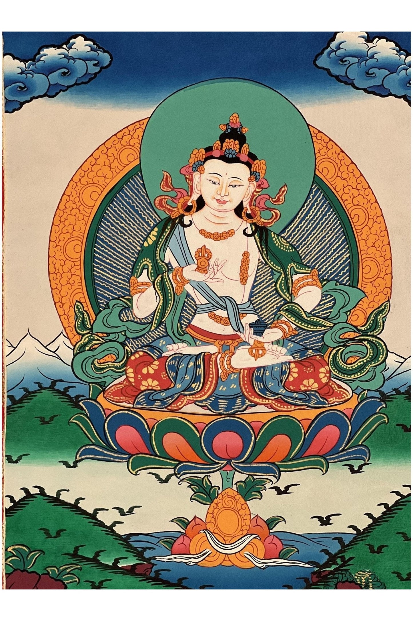 Vajrasattva/ Dorje Sempa/ Dhyani Buddha/ Bodhisattva of Compassion Tibetan Thangka Painting Original Hand - painted Art with Silk Brocade - Tibetan Thangka Art