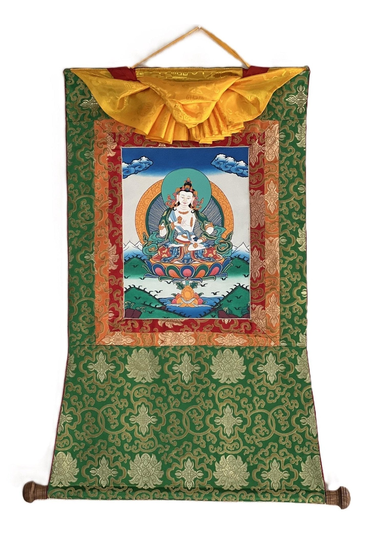 Vajrasattva/ Dorje Sempa/ Dhyani Buddha/ Bodhisattva of Compassion Tibetan Thangka Painting Original Hand - painted Art with Silk Brocade - Tibetan Thangka Art