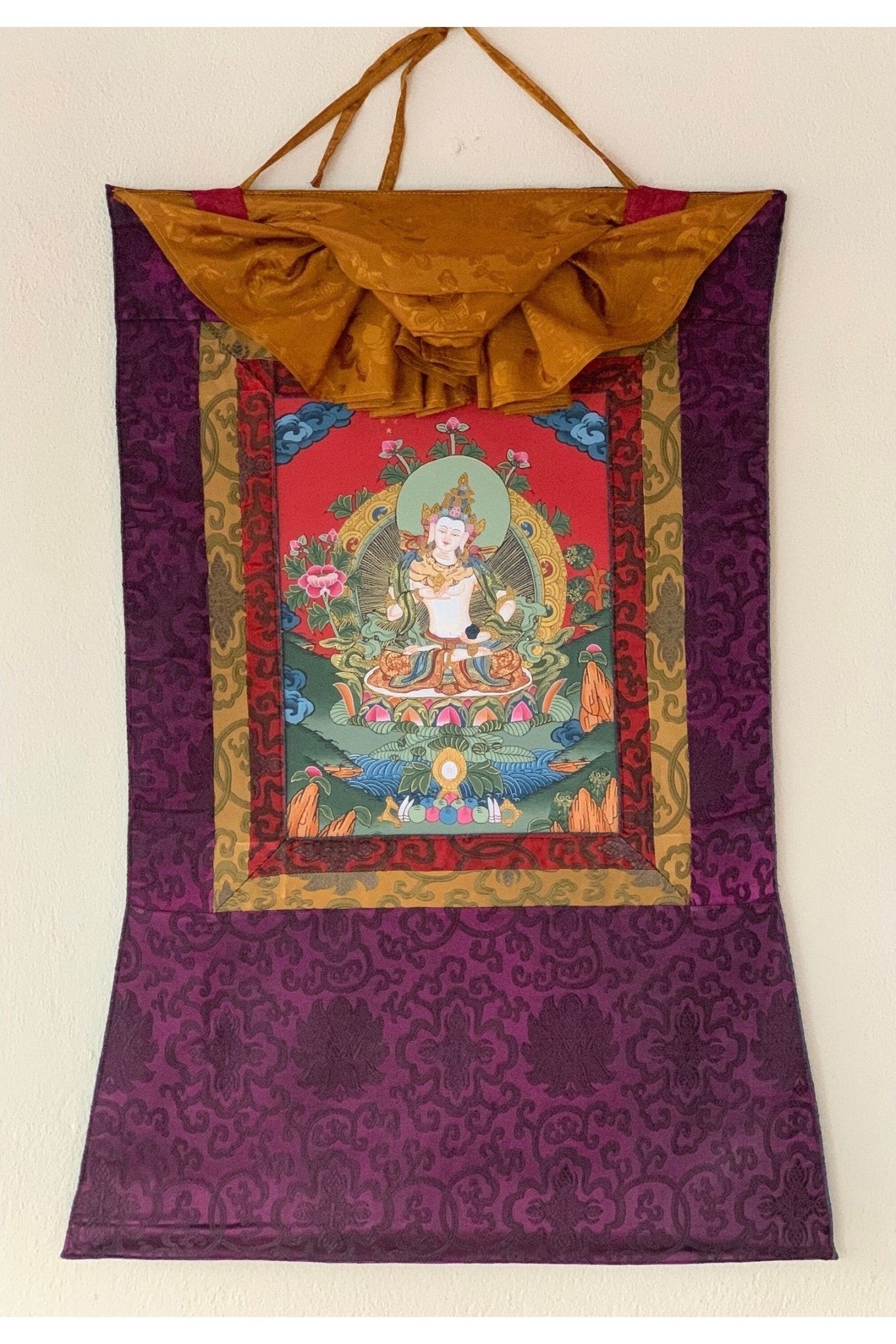 Vajrasattva/ Dorje Sempa/ Dhyani Buddha Tibetan Thangka Painting, Original Buddhist Art/Hand Painting with Silk Brocade - Tibetan Thangka Art