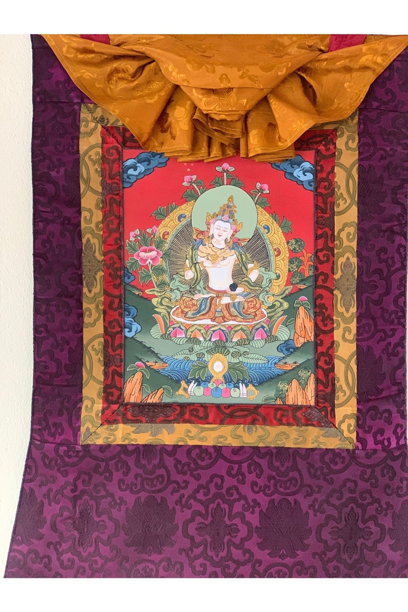 Vajrasattva/ Dorje Sempa/ Dhyani Buddha Tibetan Thangka Painting, Original Buddhist Art/Hand Painting with Silk Brocade - Tibetan Thangka Art