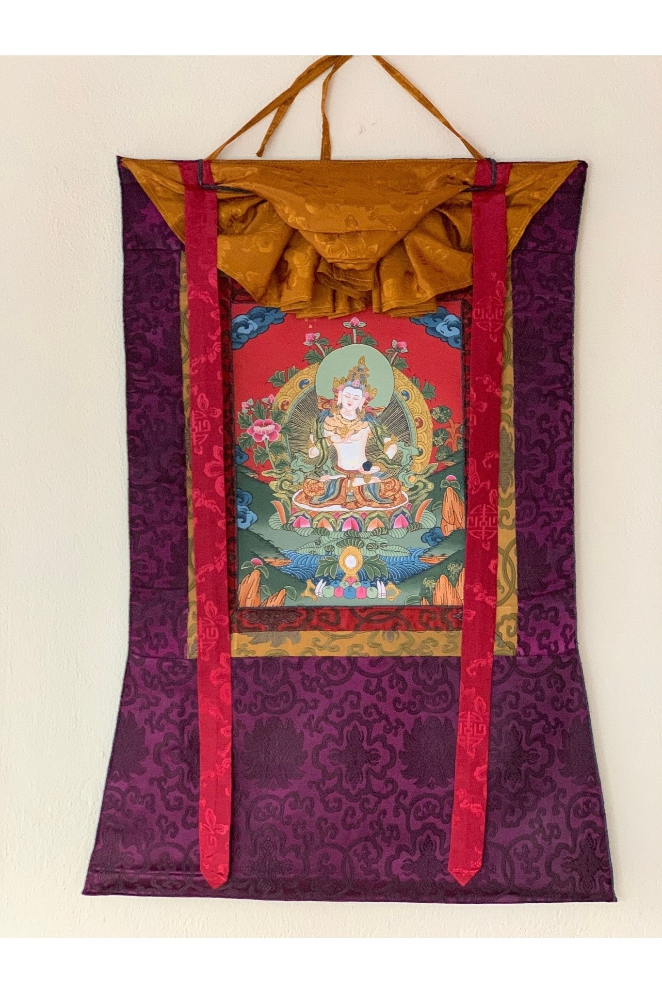 Vajrasattva/ Dorje Sempa/ Dhyani Buddha Tibetan Thangka Painting, Original Buddhist Art/Hand Painting with Silk Brocade - Tibetan Thangka Art