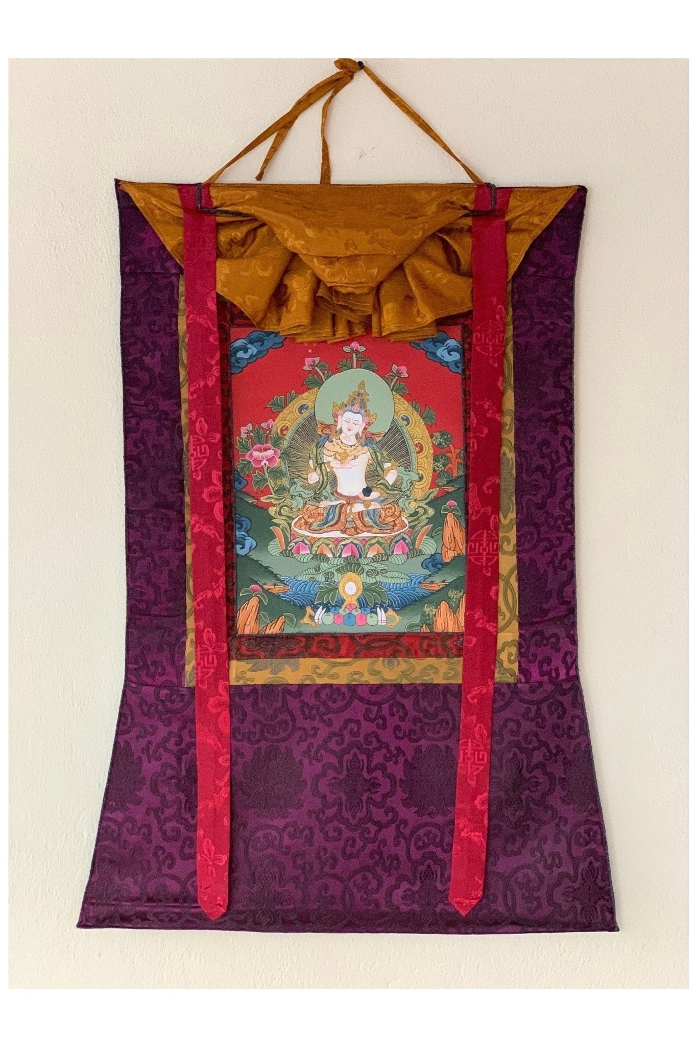 Vajrasattva/ Dorje Sempa/ Dhyani Buddha Tibetan Thangka Painting, Original Buddhist Art/Hand Painting with Silk Brocade - Tibetan Thangka Art