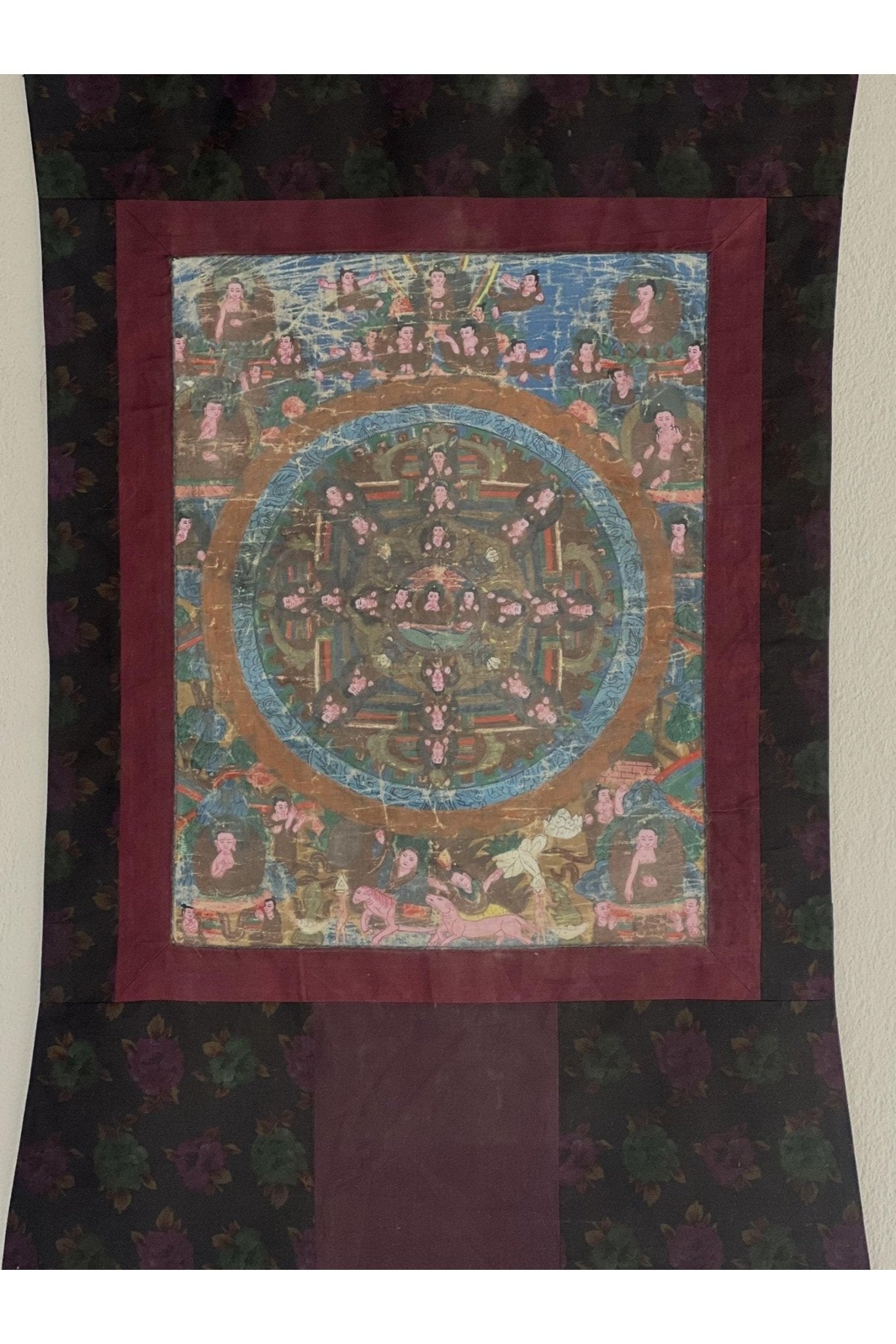 Vintage Buddha Life Story Tibetan Thangka Painting Original Art/ Hand - Painting with Half Cotton Brocade - Tibetan Thangka Art